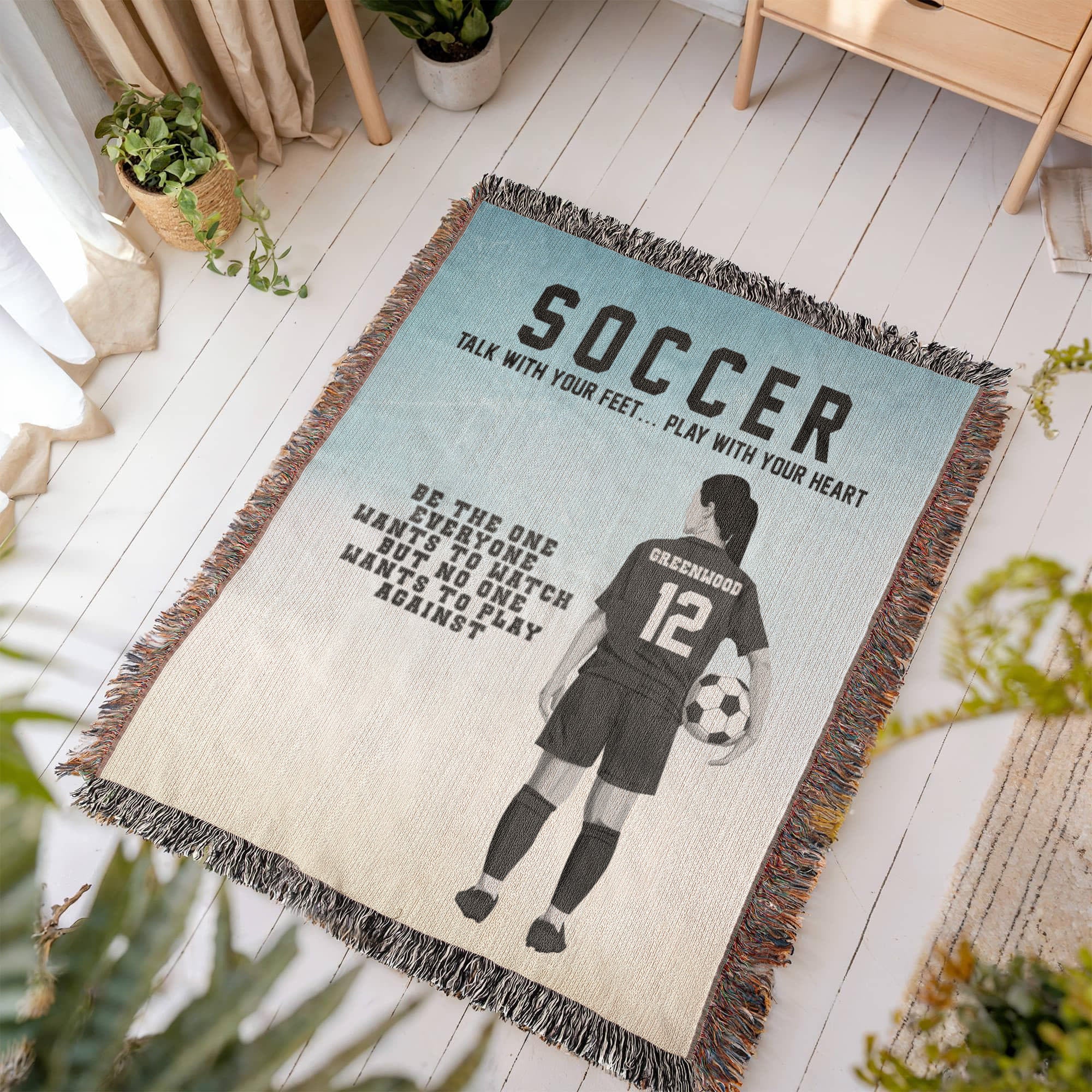 Personalized Girls Soccer Woven Blanket Custom Soccer Gift Throw