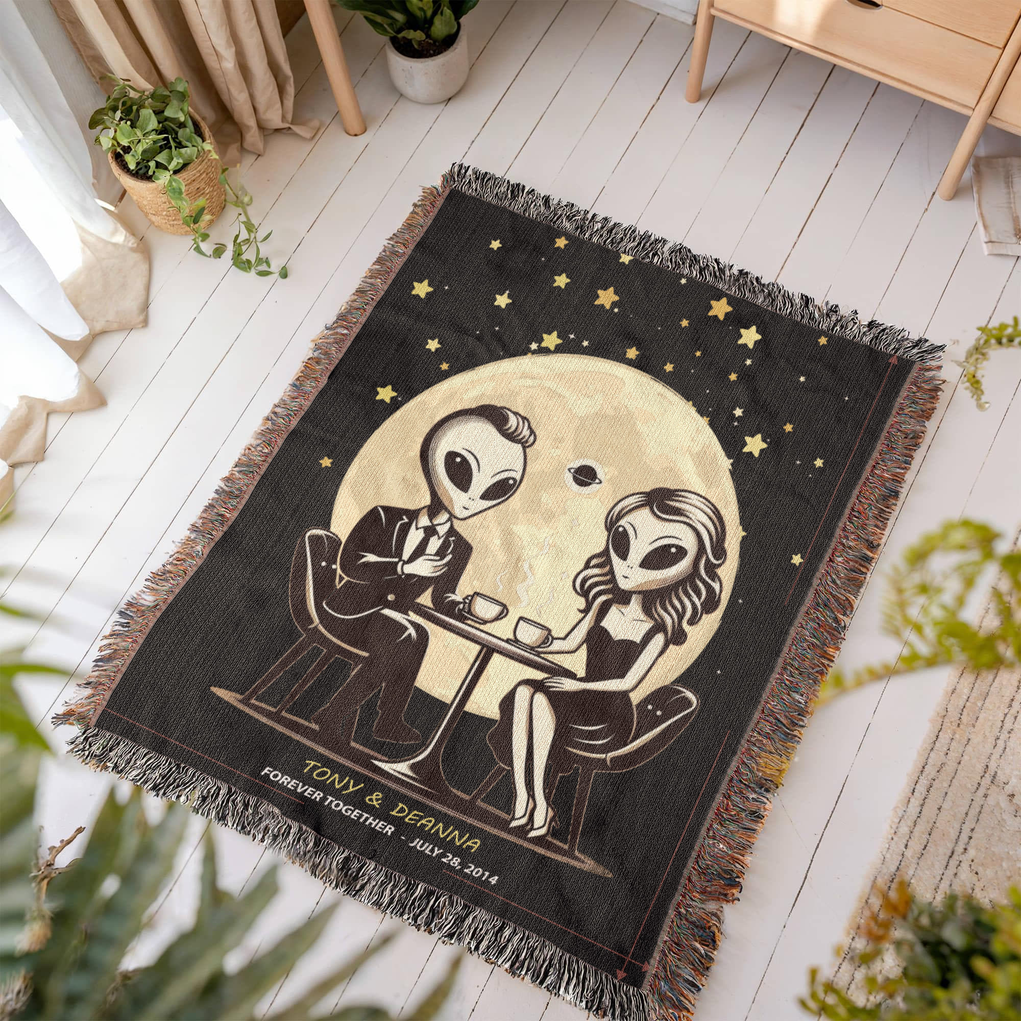 Personalized Alien Couple Woven Blanket Custom Romantic Gift Throw