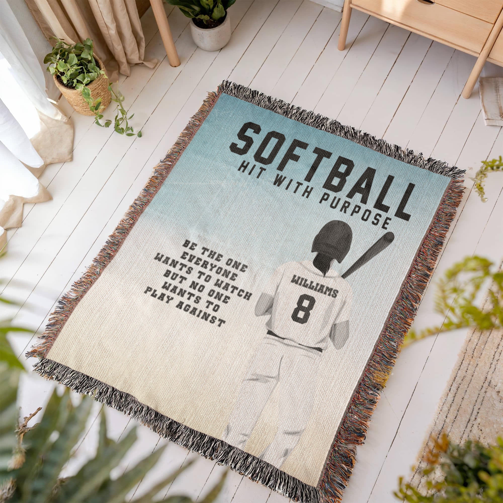 Personalized Girls Softball Woven Blanket Custom Softball Gift Throw