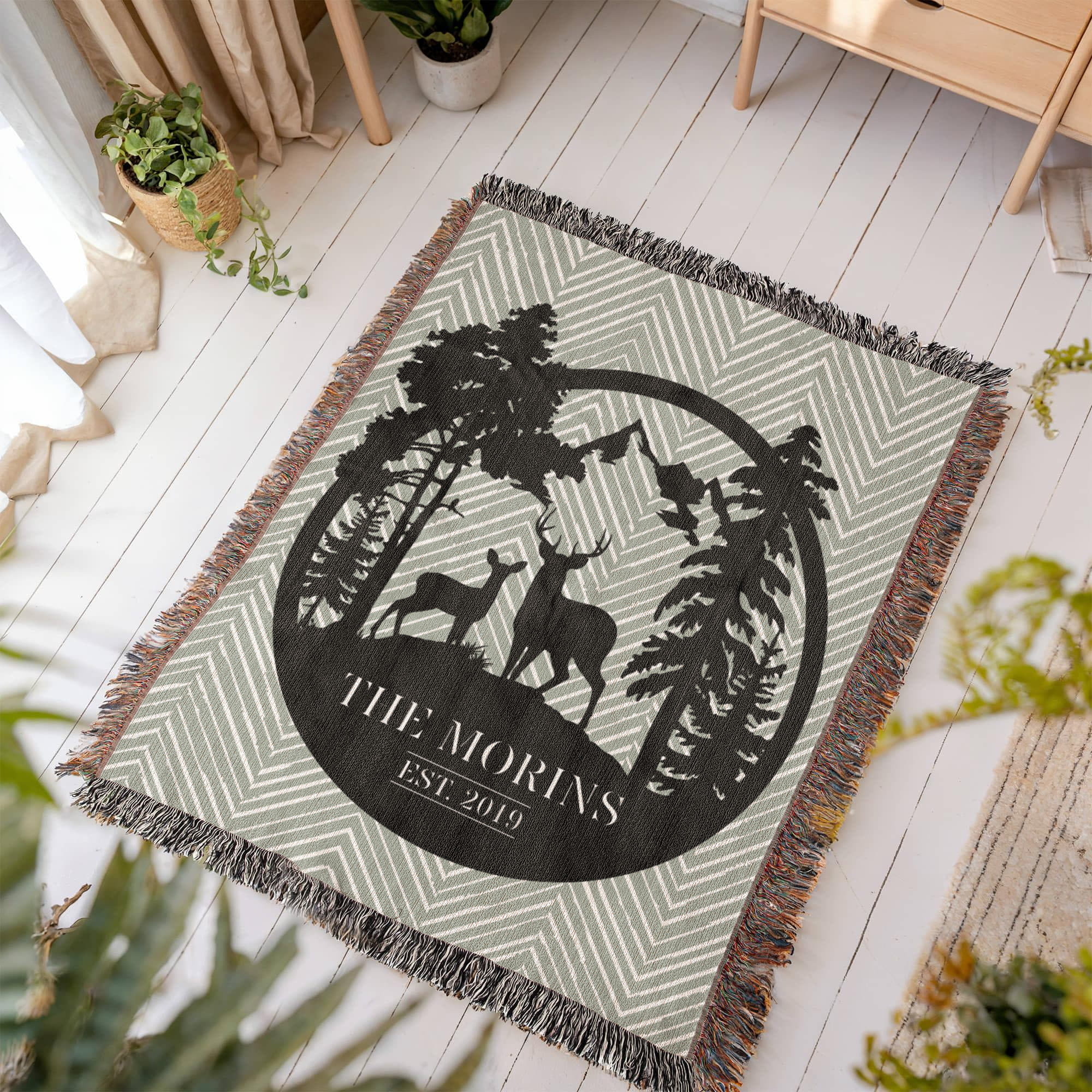 Personalized Deer Mountain Monogram Woven Blanket Throw – Custom Family Name and Year