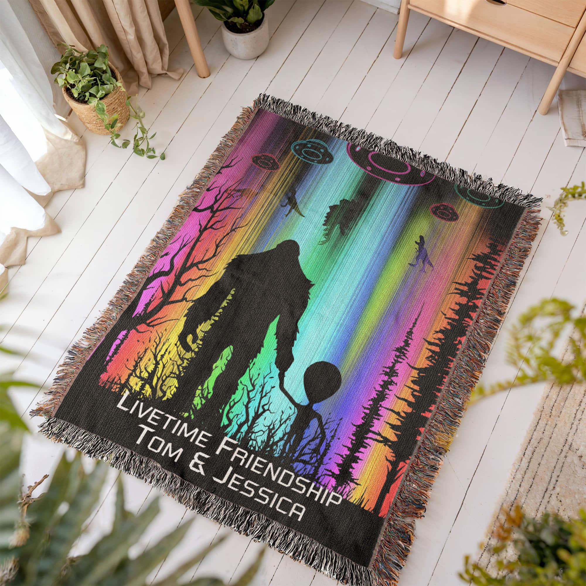 Personalized Bigfoot and Alien Friendship Woven Blanket Custom Gift Throw