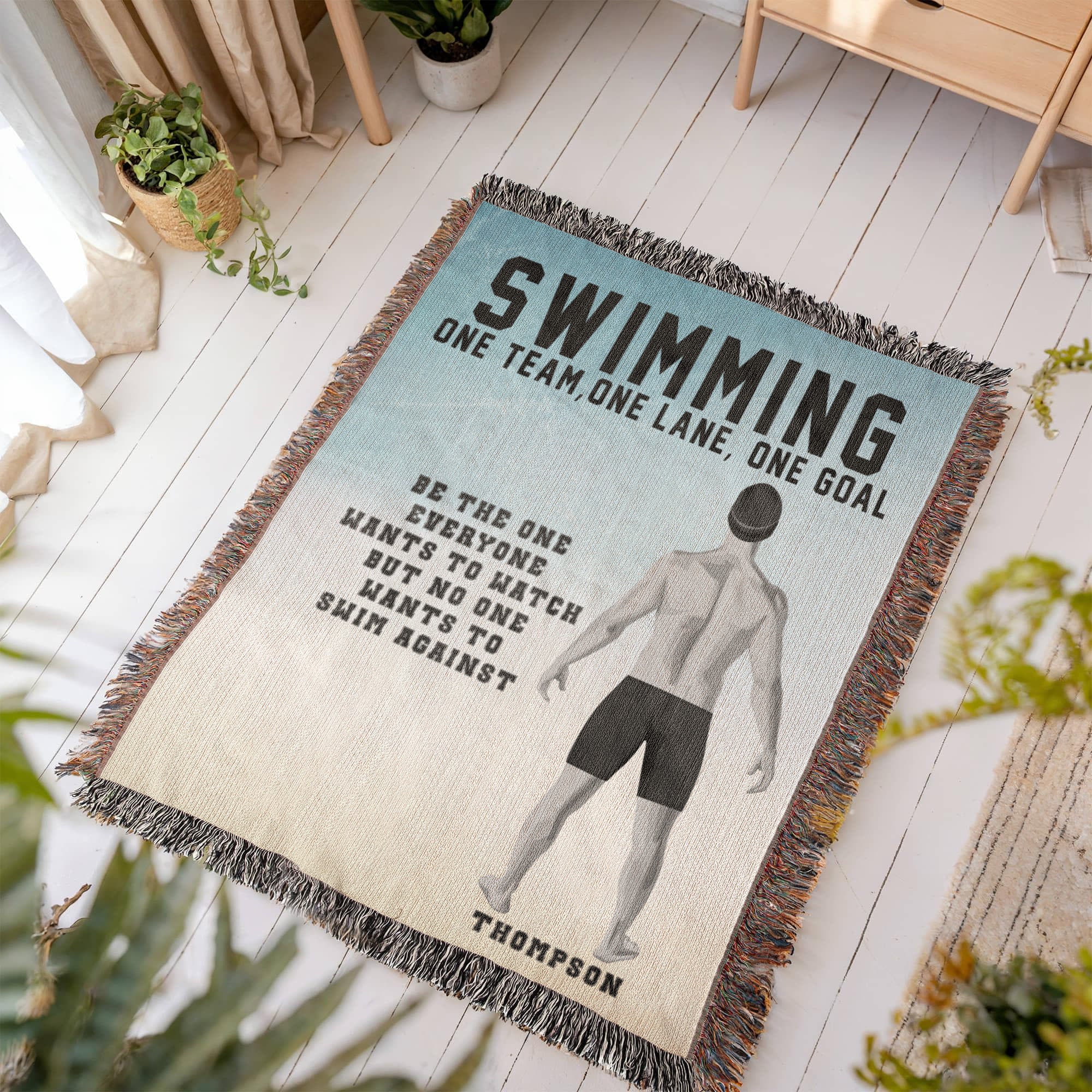 Personalized Boys Swimming Woven Blanket Custom Swimmer Gift Throw