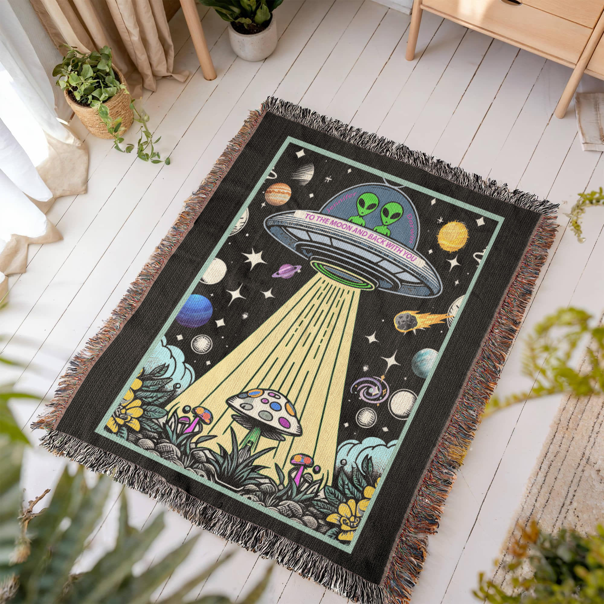 Personalized Alien Couple UFO Woven Blanket Custom Space Gift Throw
