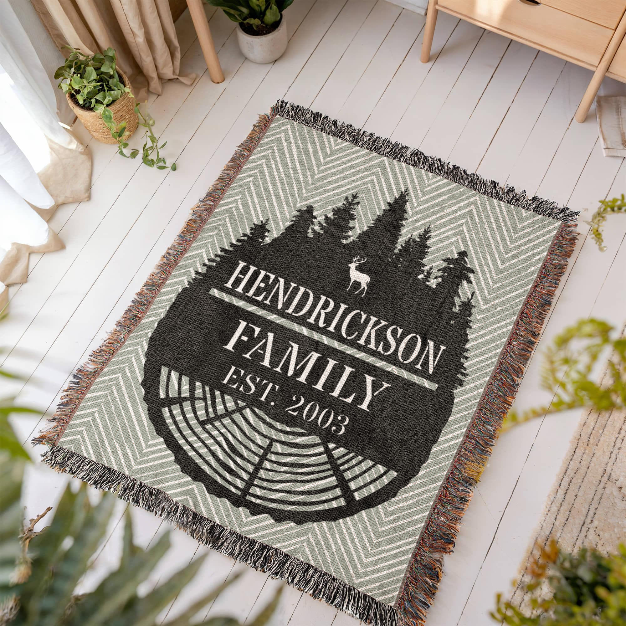 Personalized Tree Rings Family Name Monogram Woven Blanket Throw – Custom Home Gift