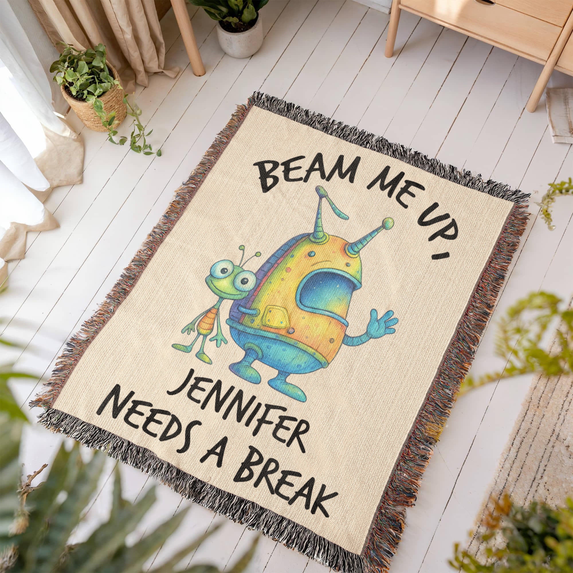 Personalized Alien “Beam Me Up” Woven Blanket Custom Funny Gift Throw