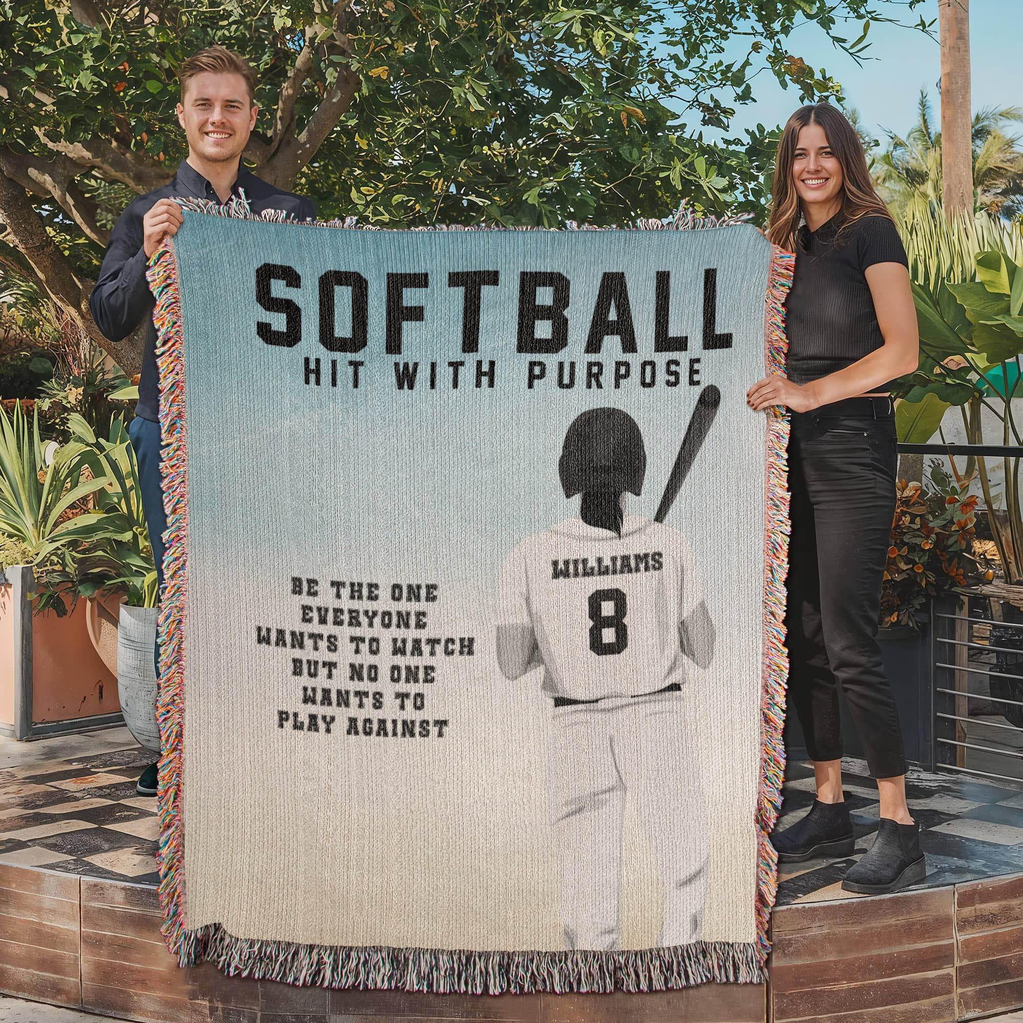 Personalized Girls Softball Woven Blanket Custom Softball Gift Throw