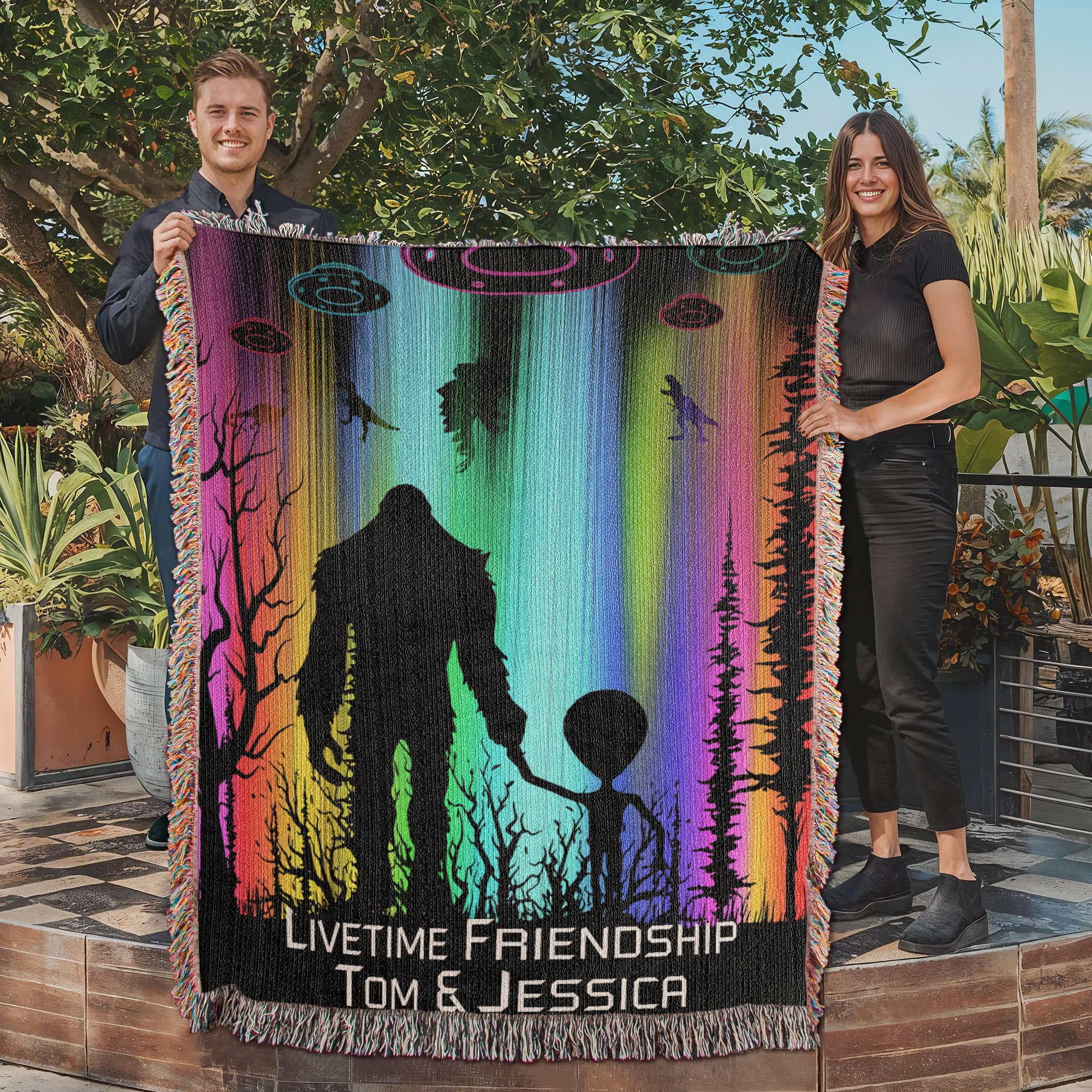 Personalized Bigfoot and Alien Friendship Woven Blanket Custom Gift Throw