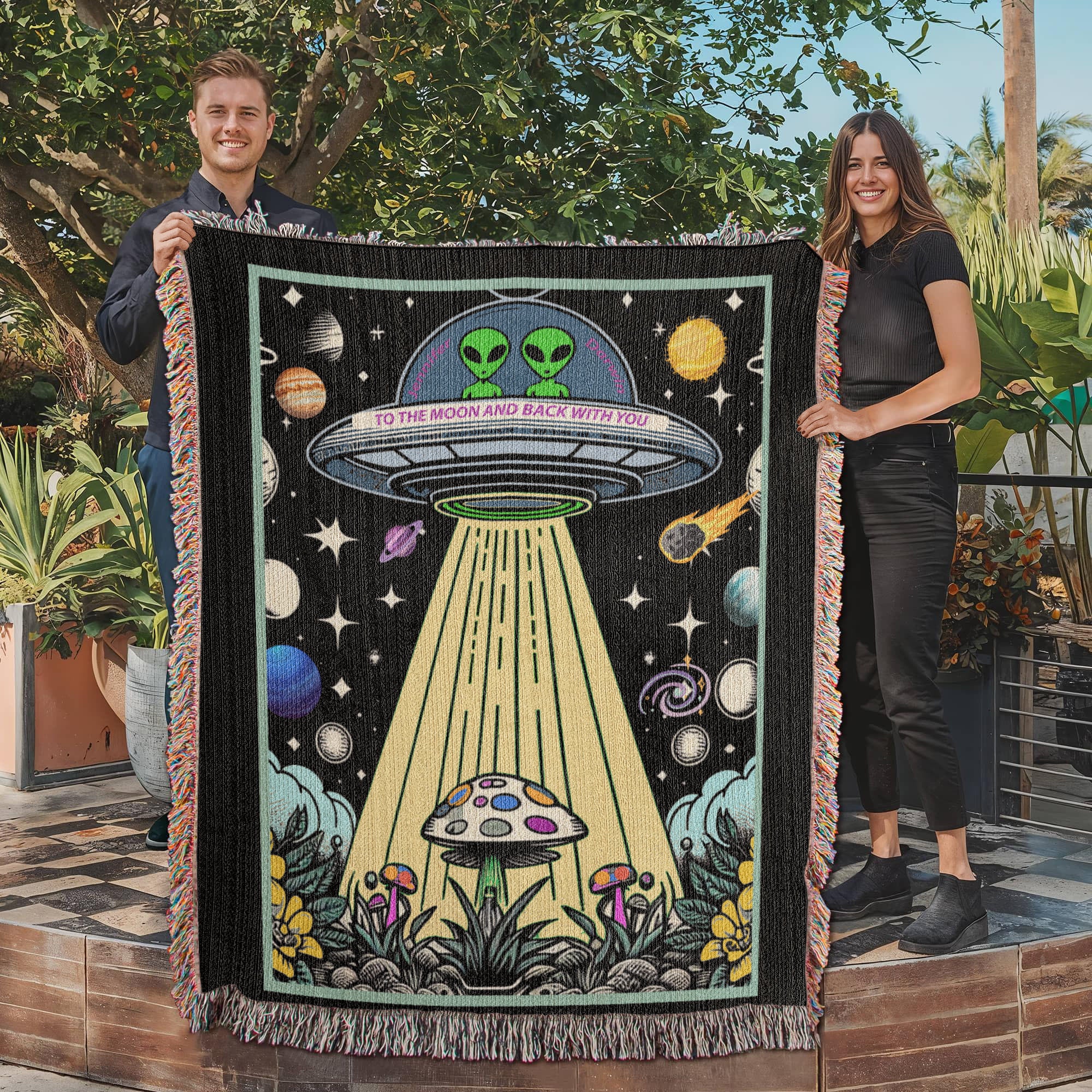 Personalized Alien Couple UFO Woven Blanket Custom Space Gift Throw