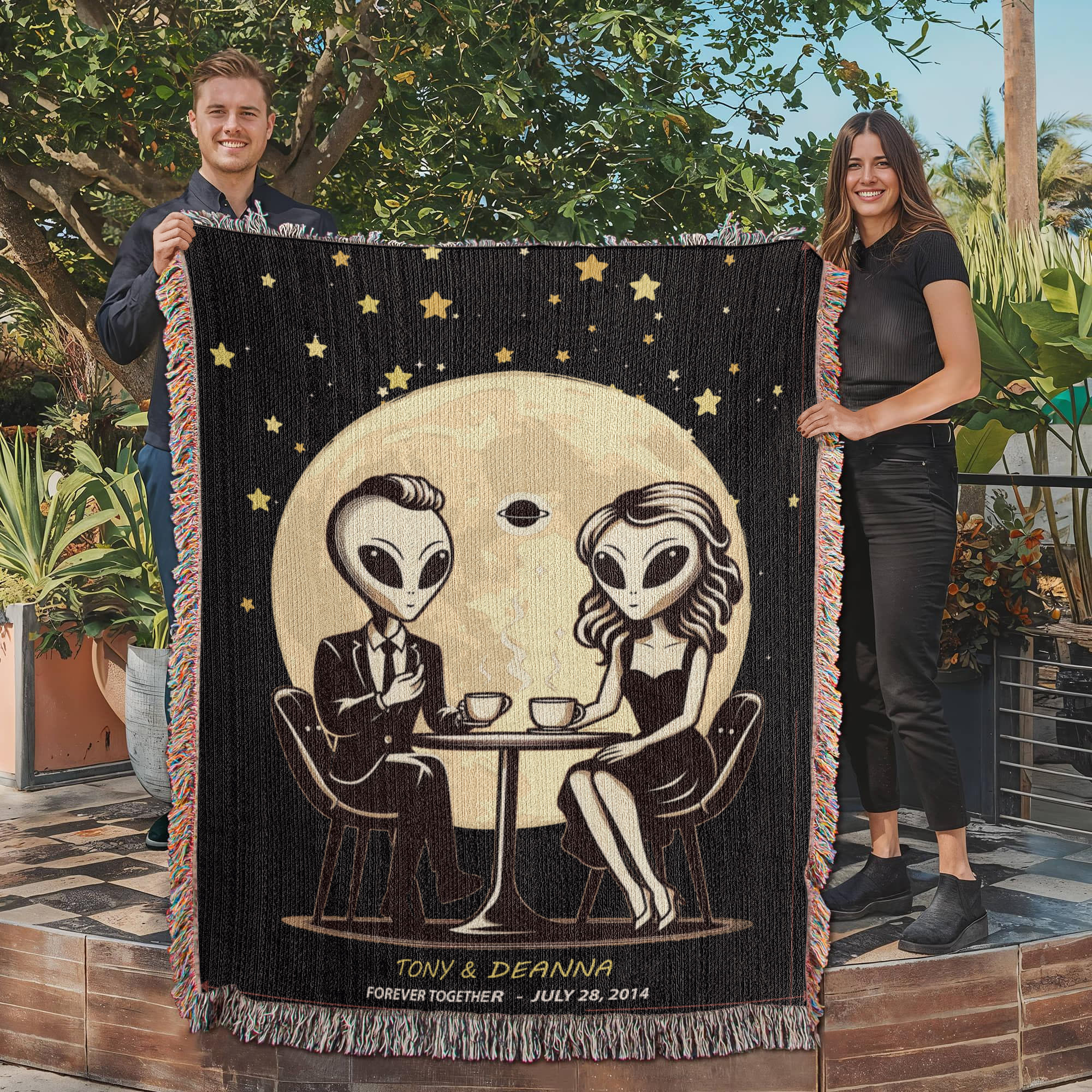 Personalized Alien Couple Woven Blanket Custom Romantic Gift Throw