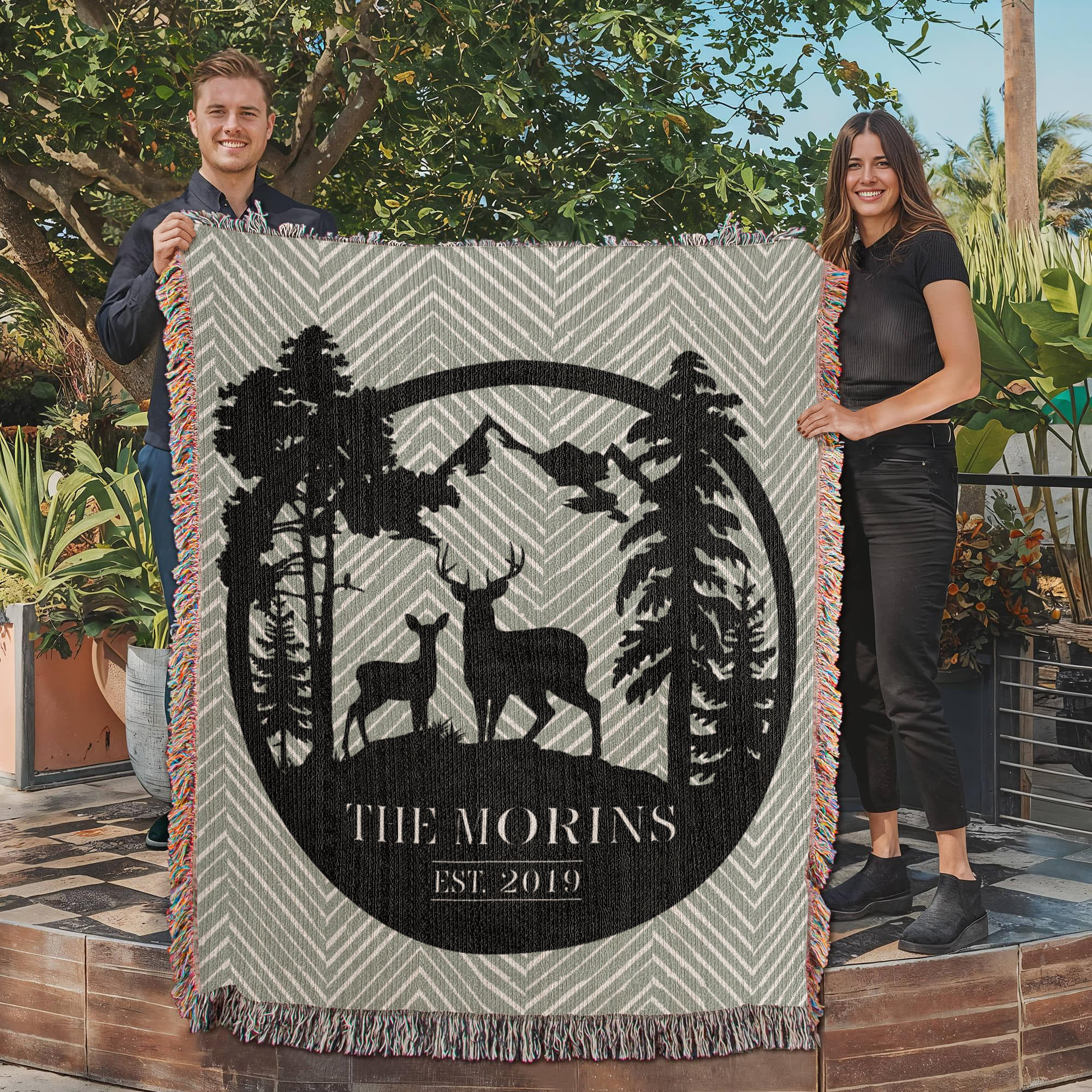 Personalized Deer Mountain Monogram Woven Blanket Throw – Custom Family Name and Year