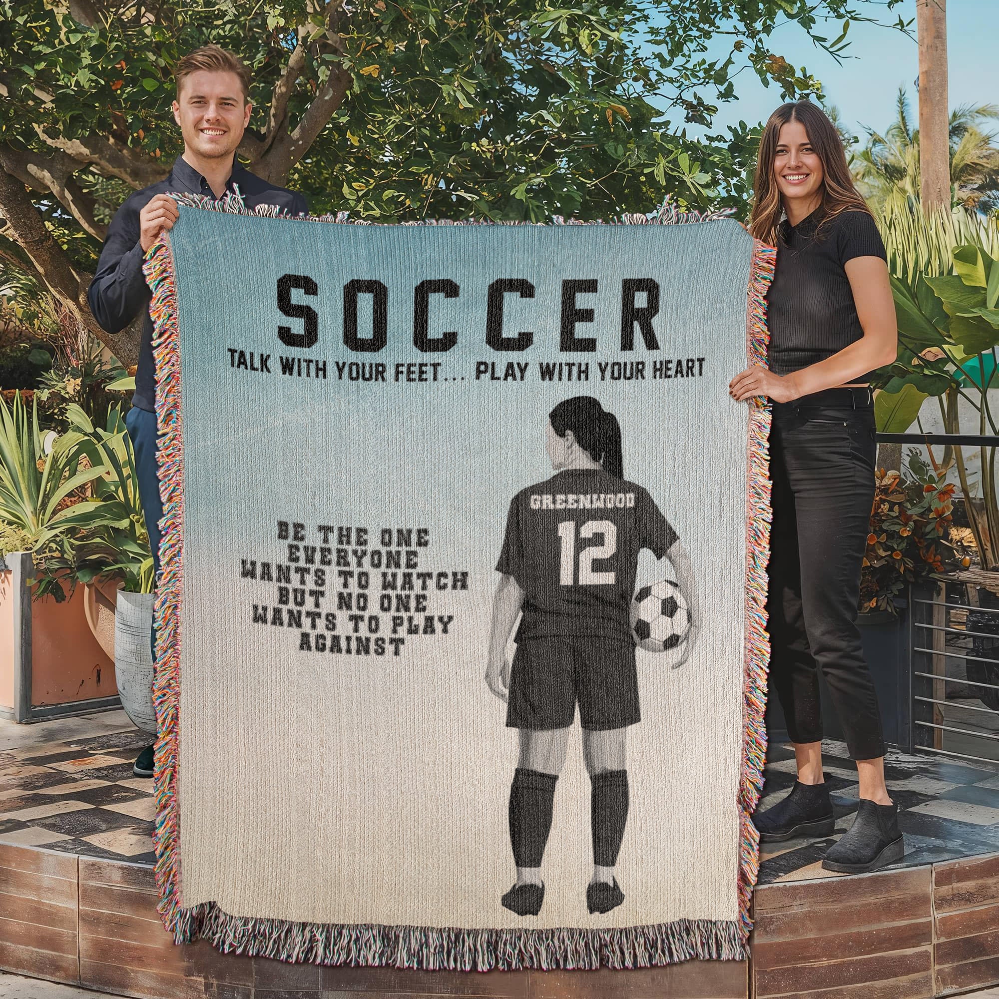 Personalized Girls Soccer Woven Blanket Custom Soccer Gift Throw
