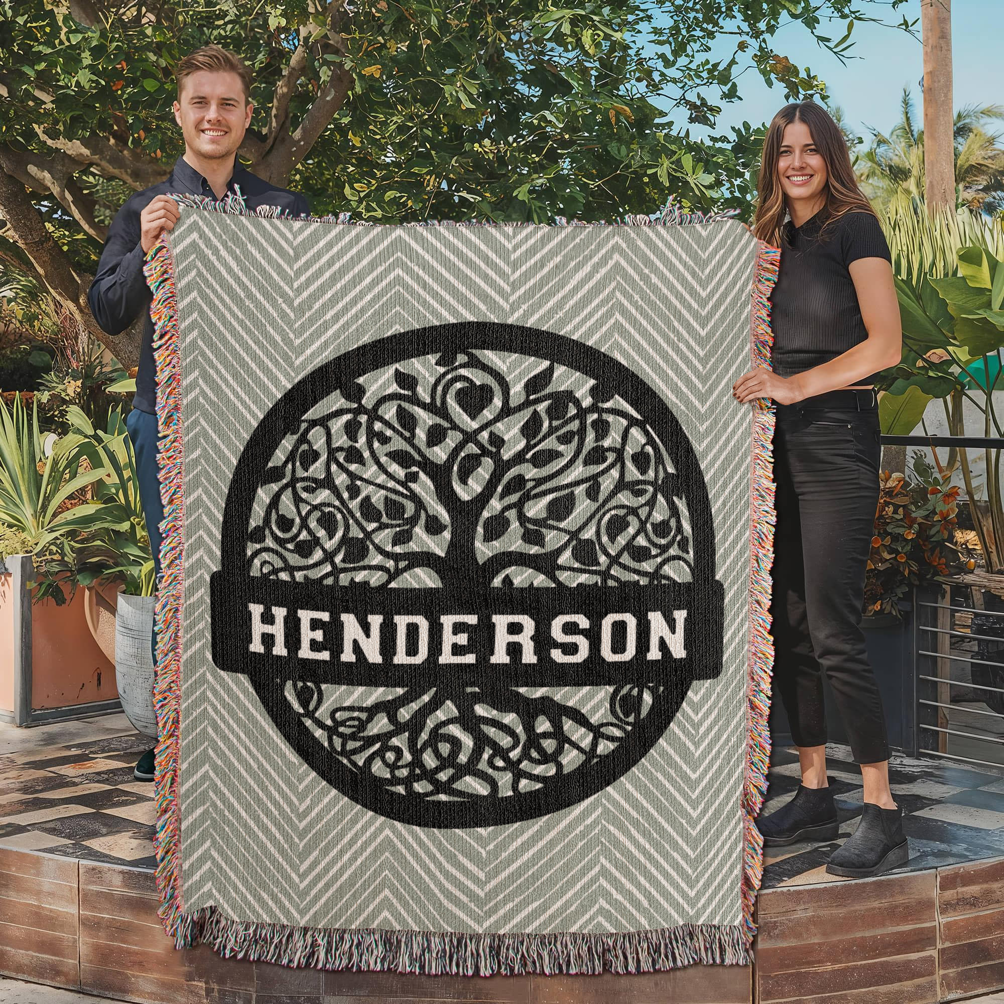 Personalized Family Tree Woven Blanket – Custom Monogram Family Name Throw Gift