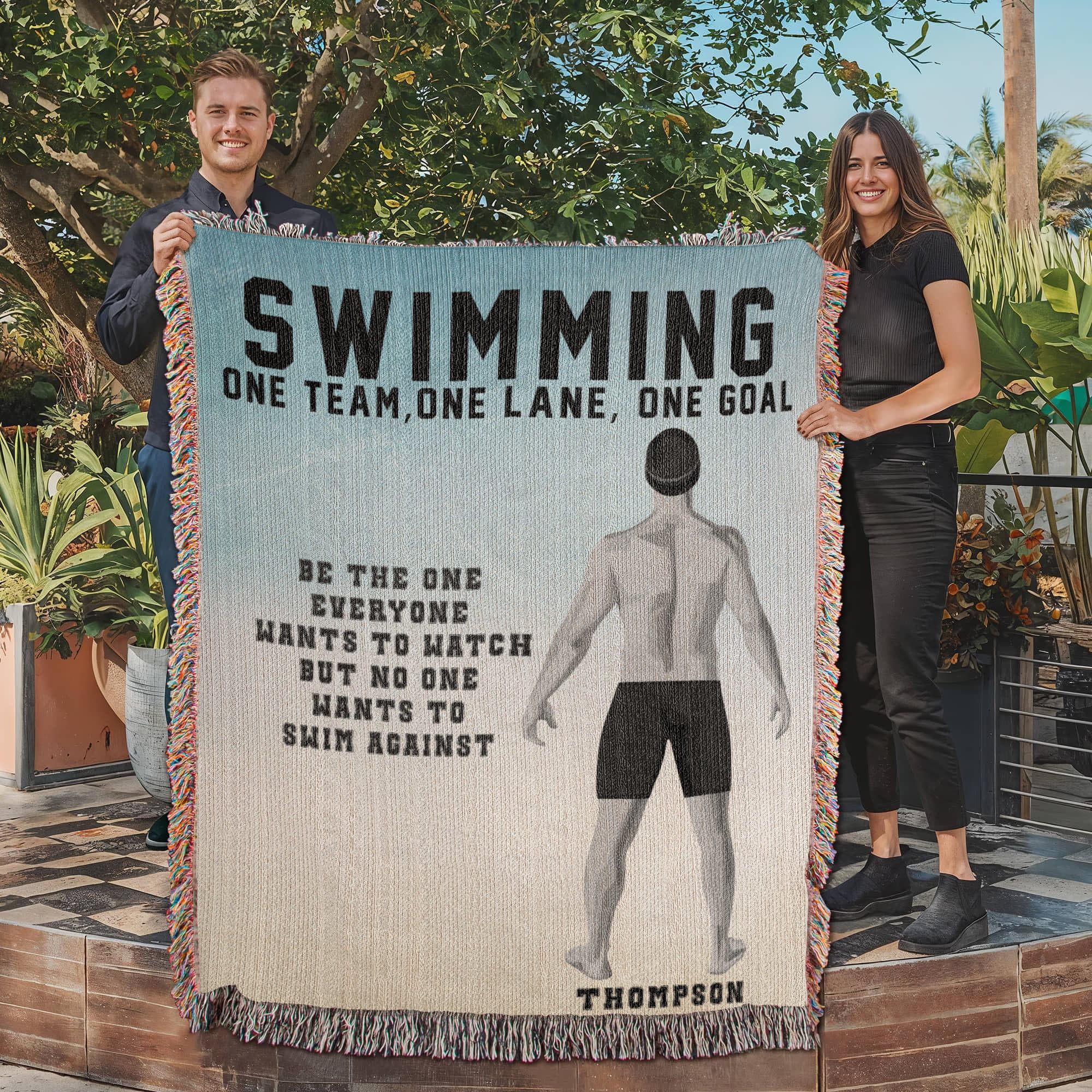 Personalized Boys Swimming Woven Blanket Custom Swimmer Gift Throw