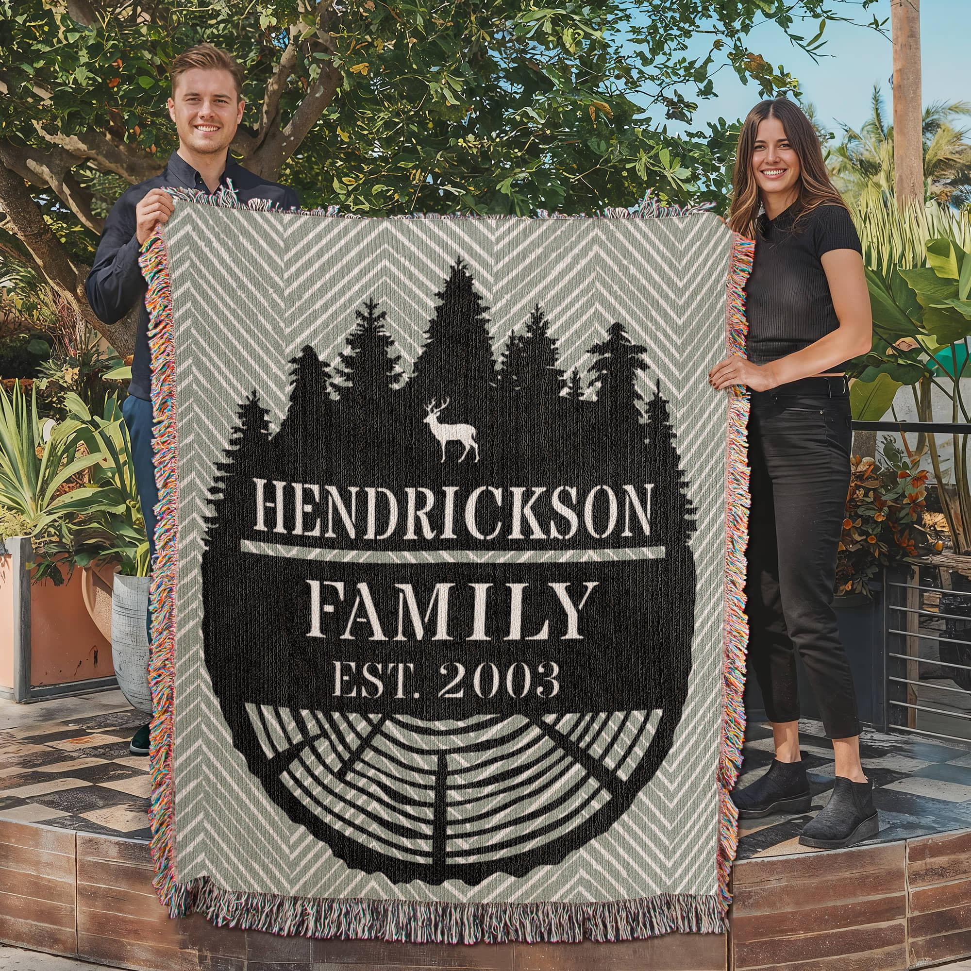 Personalized Tree Rings Family Name Monogram Woven Blanket Throw – Custom Home Gift