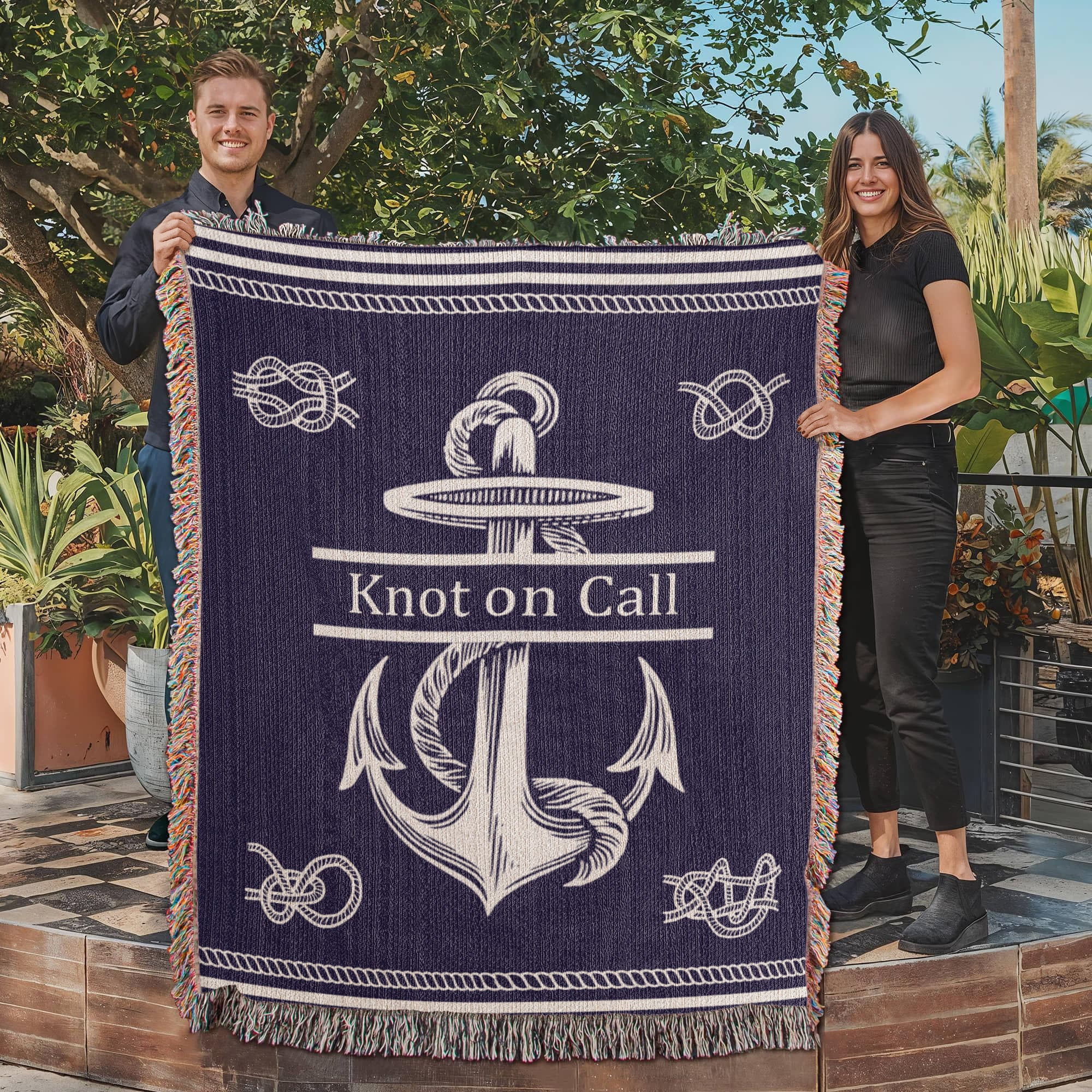 Personalized Nautical Knots Woven Blanket Custom Boat Name Throw