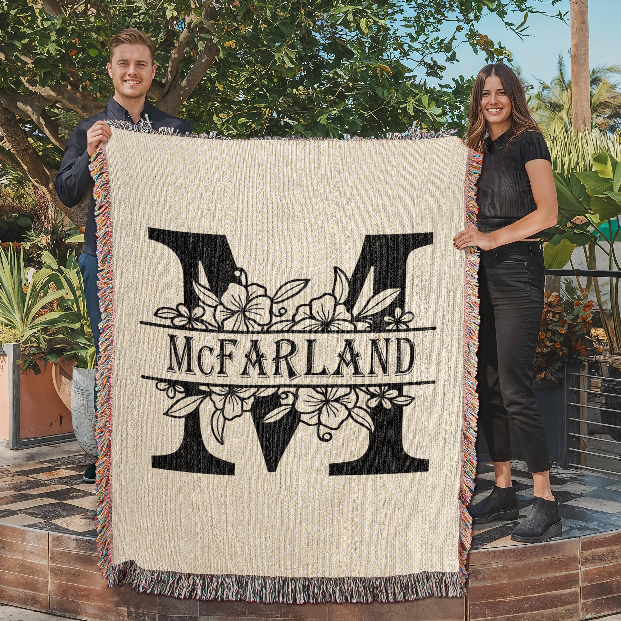 Personalized Floral Monogram Family Name Woven Blanket Throw – Custom Home Gift