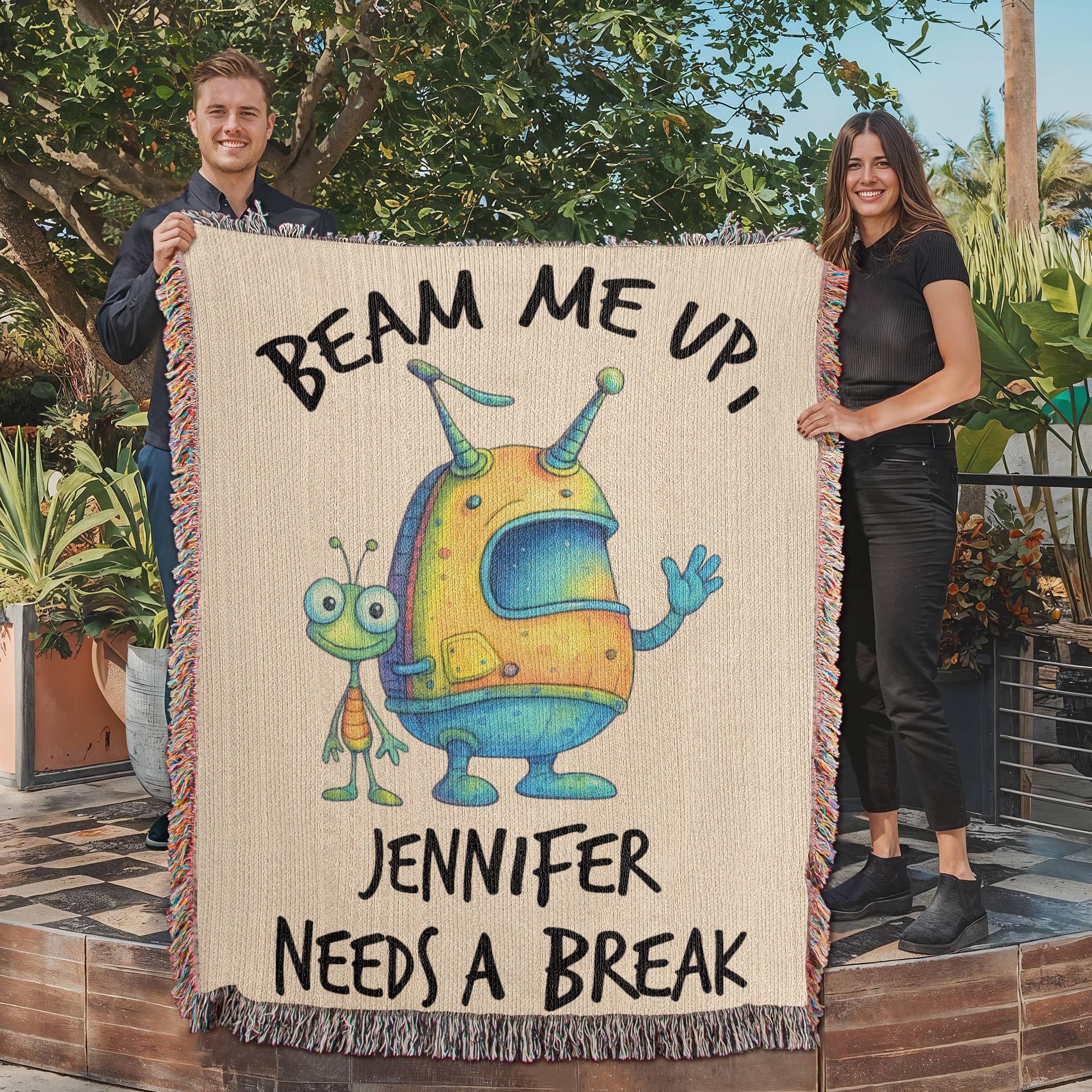 Personalized Alien “Beam Me Up” Woven Blanket Custom Funny Gift Throw