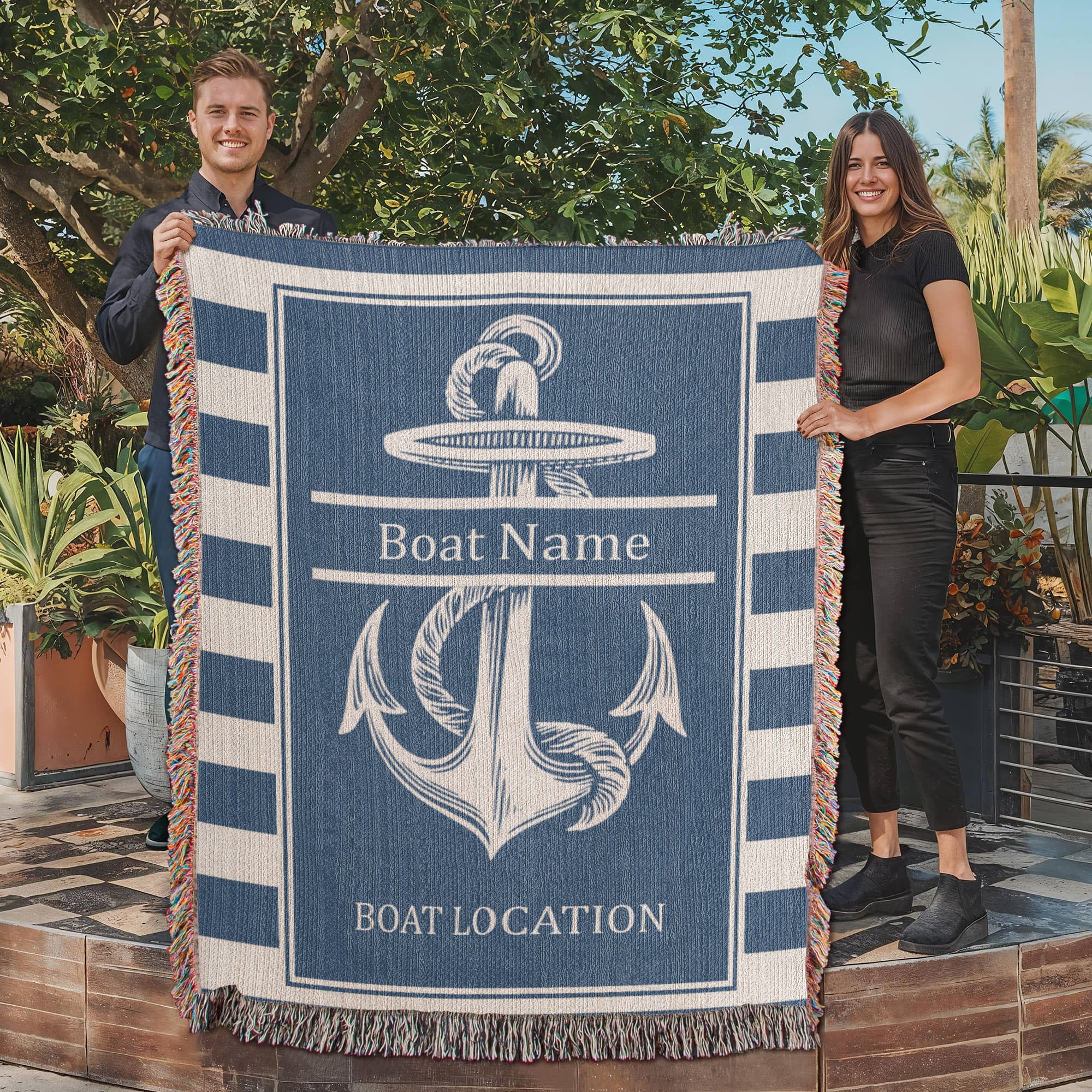 Personalized Anchor Woven Blanket  Custom Boat Name Location Throw