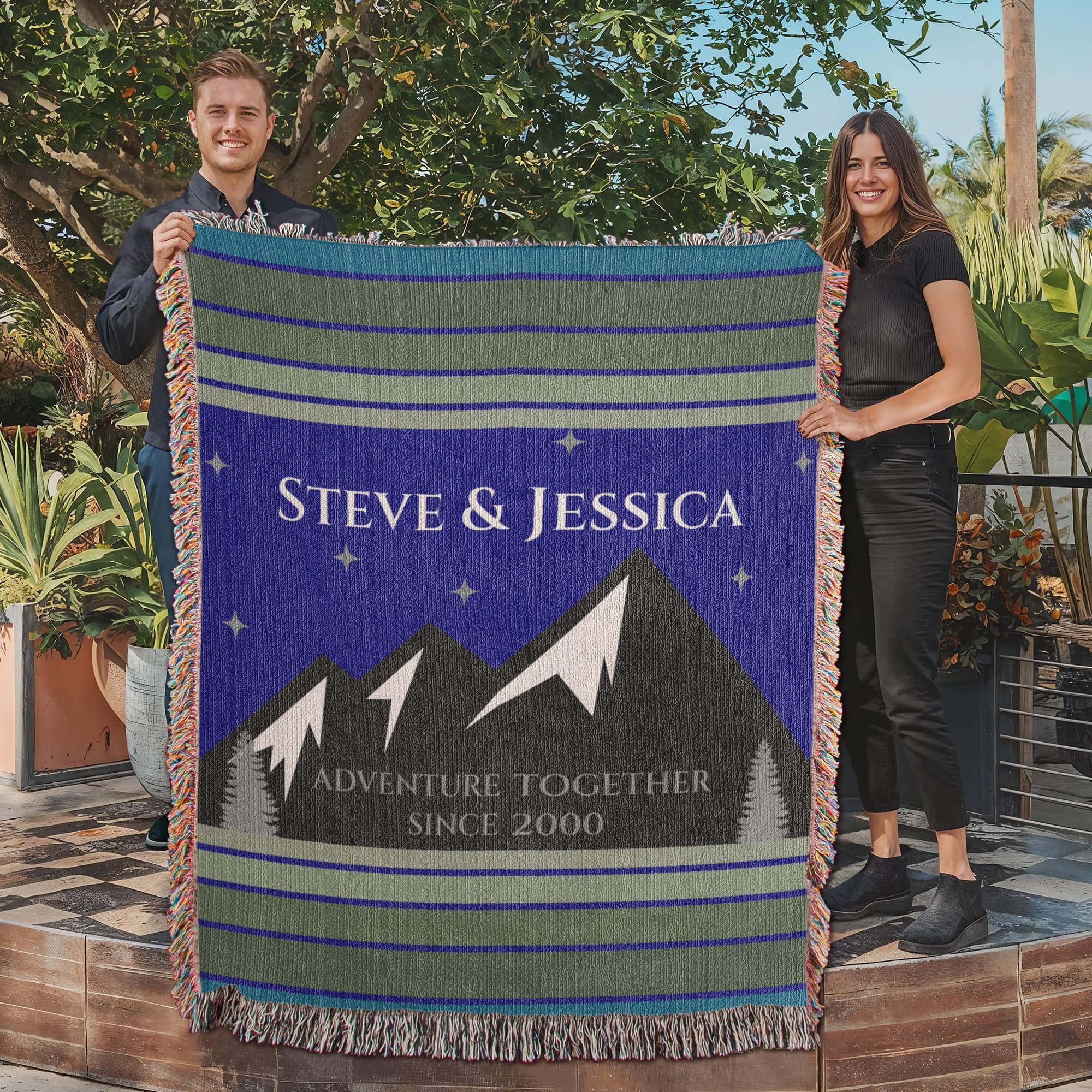 Personalized Mountain Adventure Woven Blanket Custom Couples Camping Gift Throw