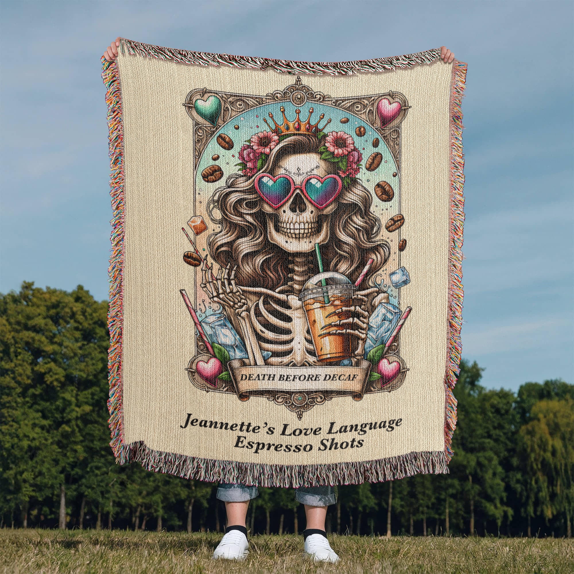 Personalized Death Before Decaf Tarot Card Woven Blanket Custom Coffee Lover Gift Throw