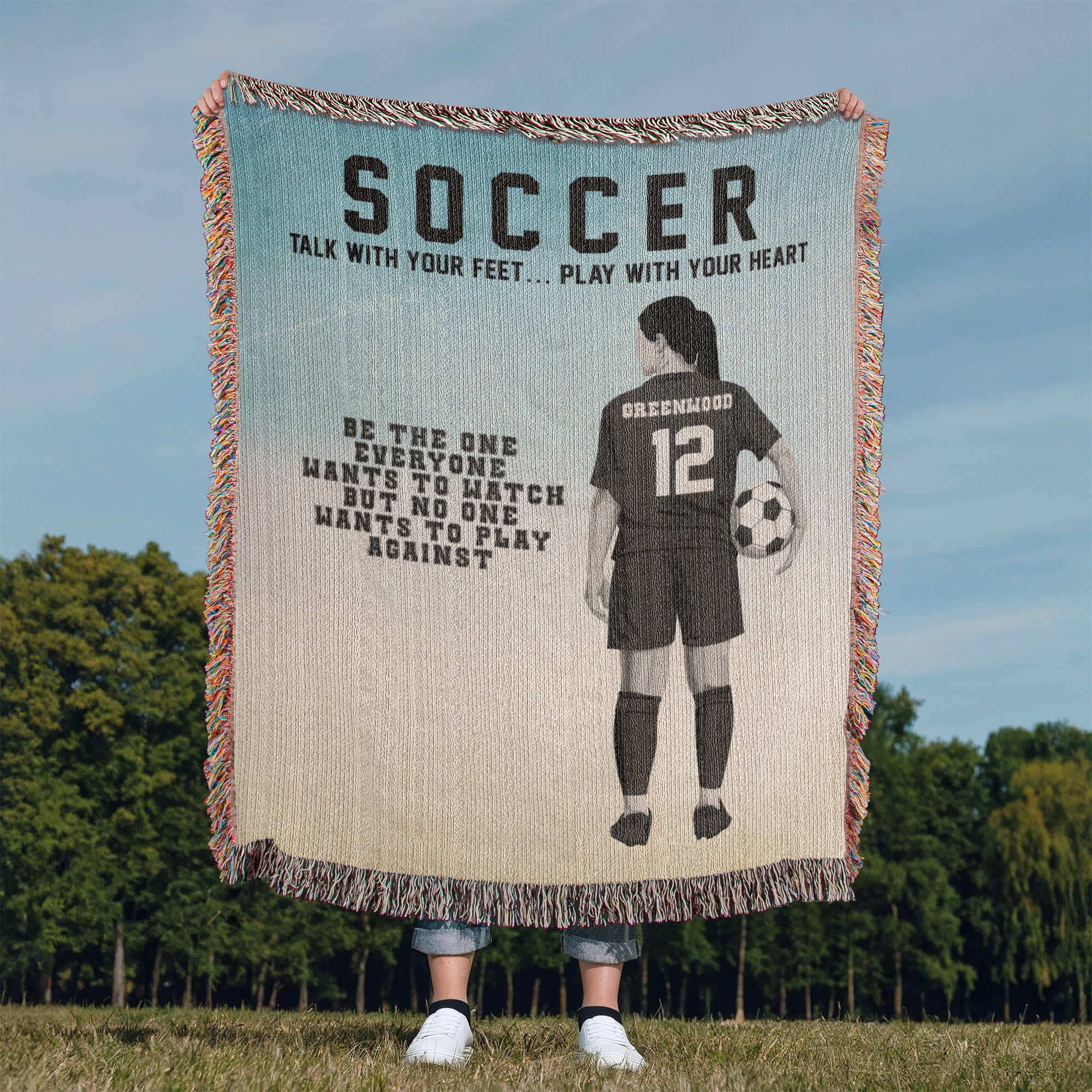 Personalized Girls Soccer Woven Blanket Custom Soccer Gift Throw
