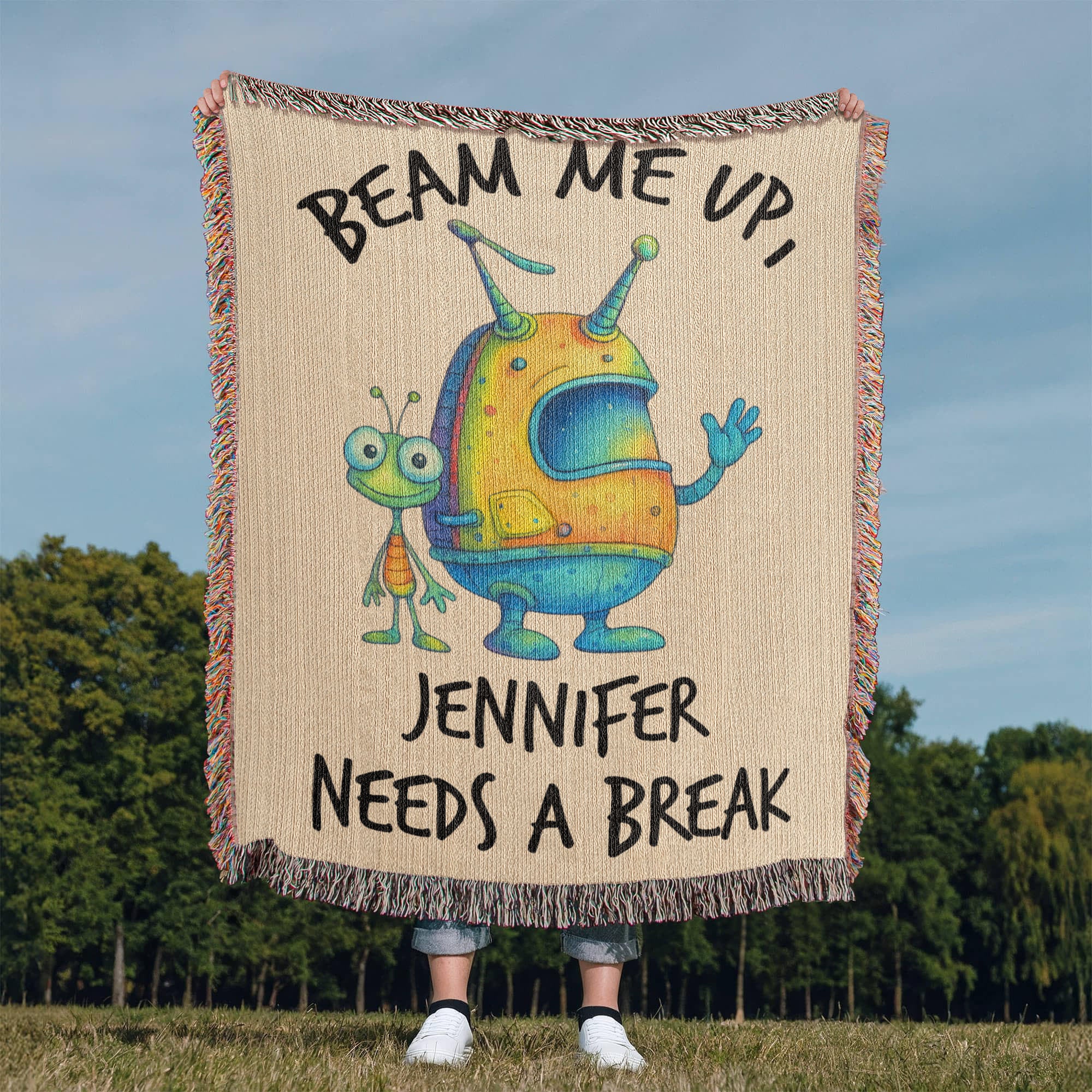Personalized Alien “Beam Me Up” Woven Blanket Custom Funny Gift Throw