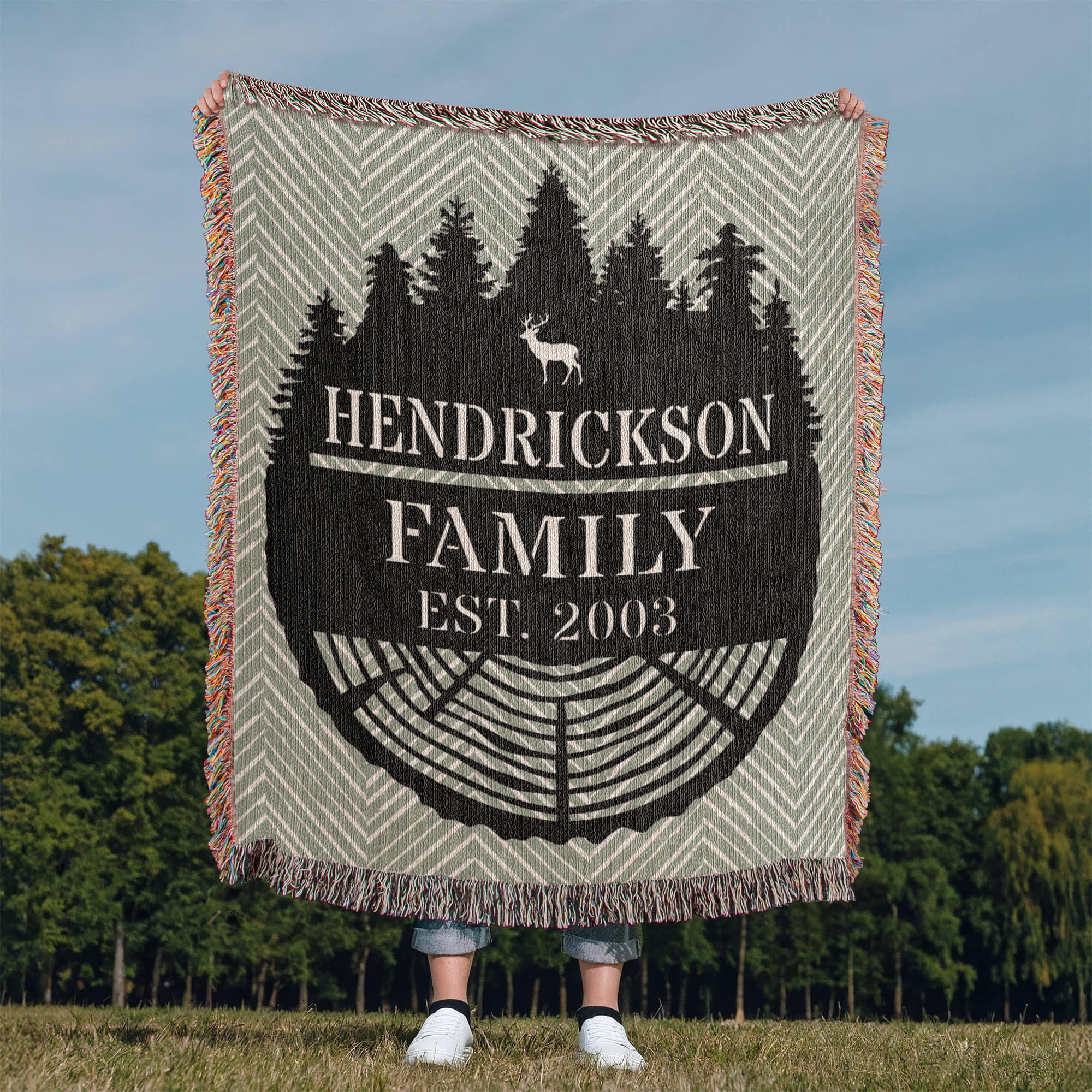 Personalized Tree Rings Family Name Monogram Woven Blanket Throw – Custom Home Gift