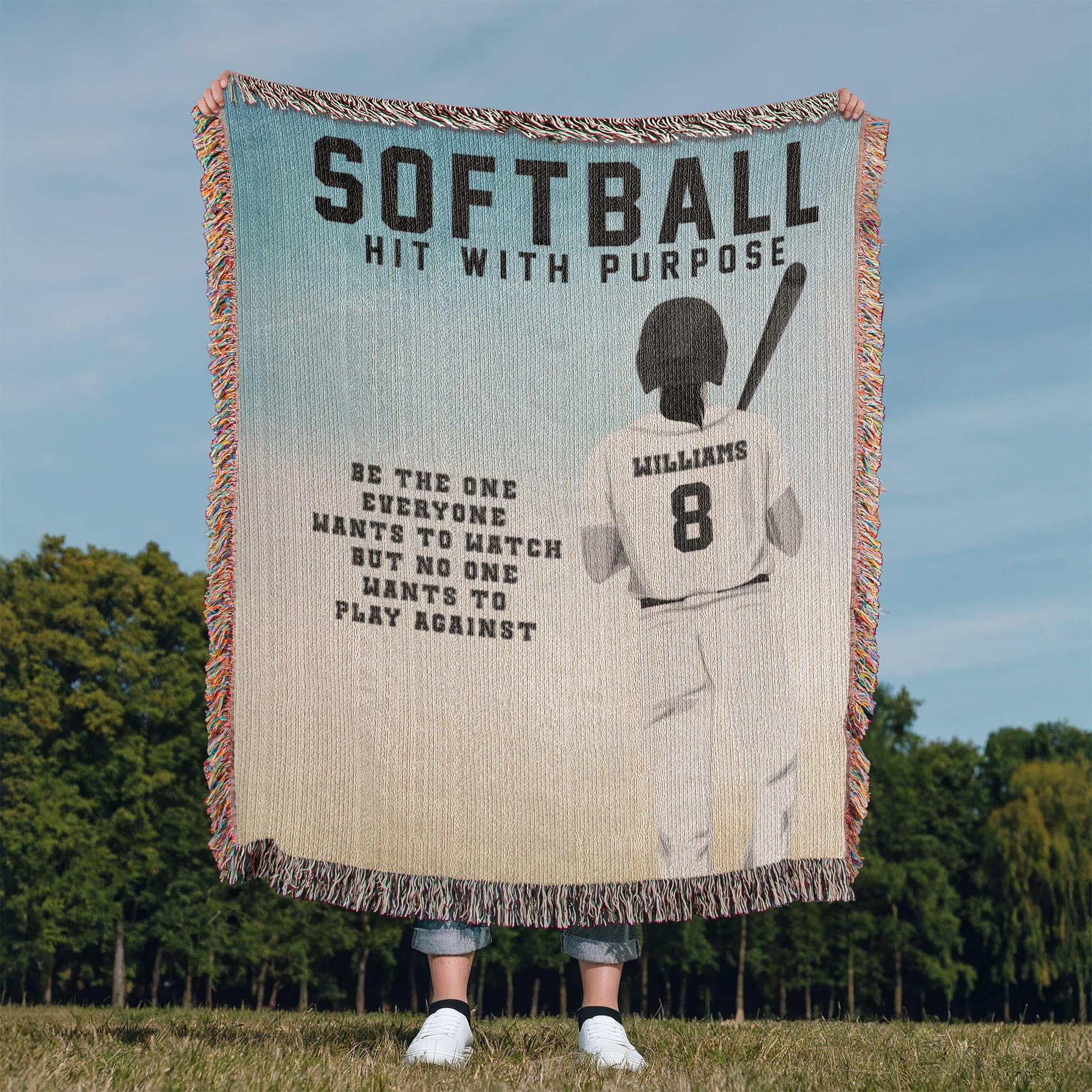 Personalized Girls Softball Woven Blanket Custom Softball Gift Throw