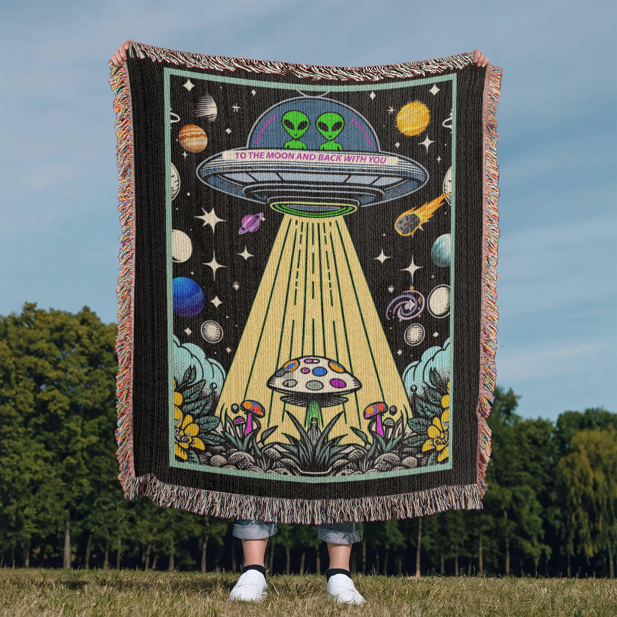 Personalized Alien Couple UFO Woven Blanket Custom Space Gift Throw