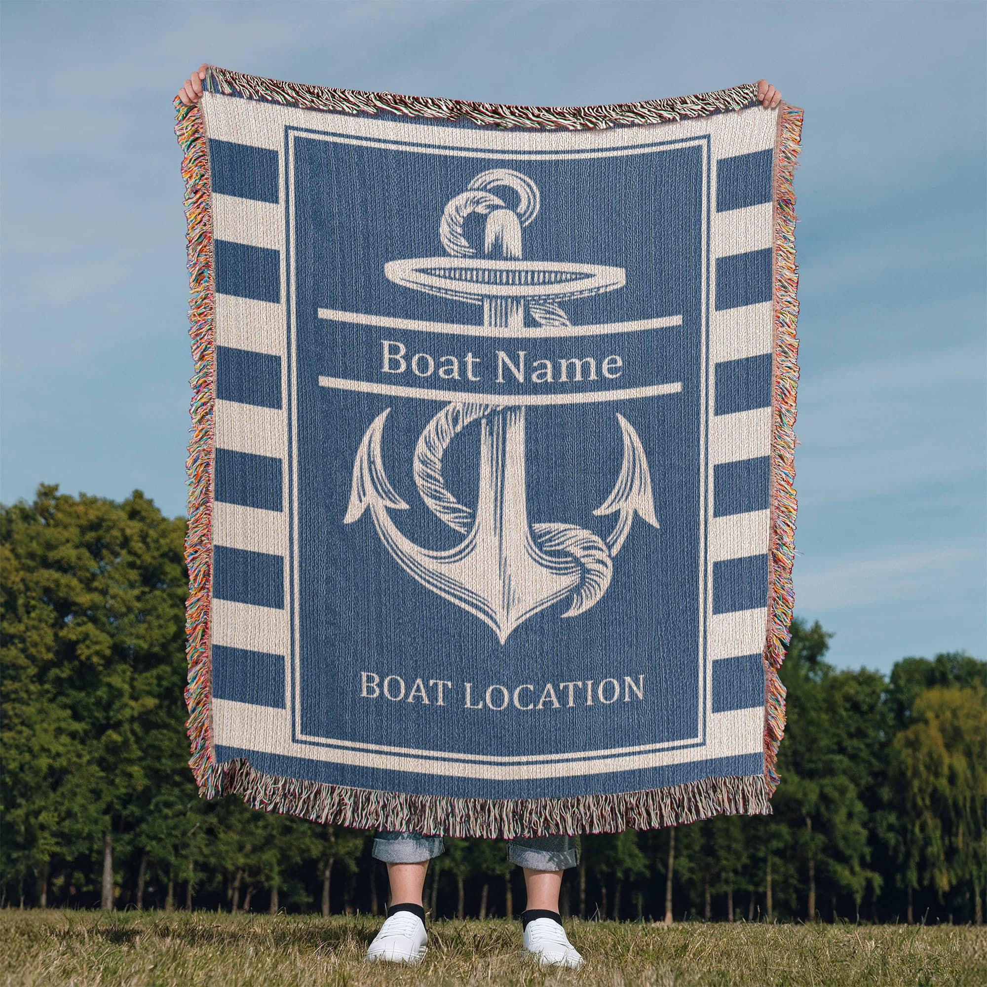 Personalized Anchor Woven Blanket  Custom Boat Name Location Throw