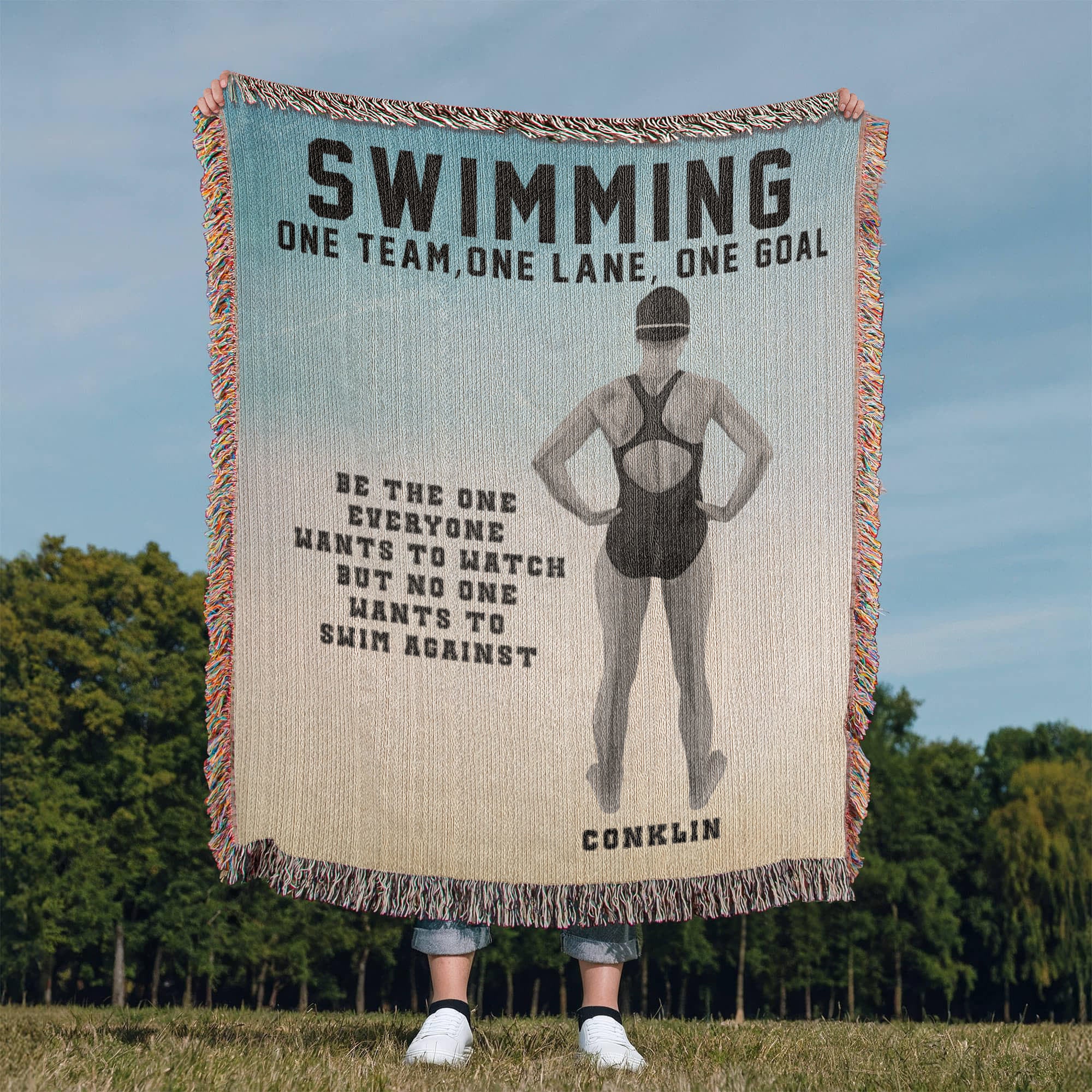 Personalized Girls Swimming Woven Blanket Custom Swimmer Gift Throw