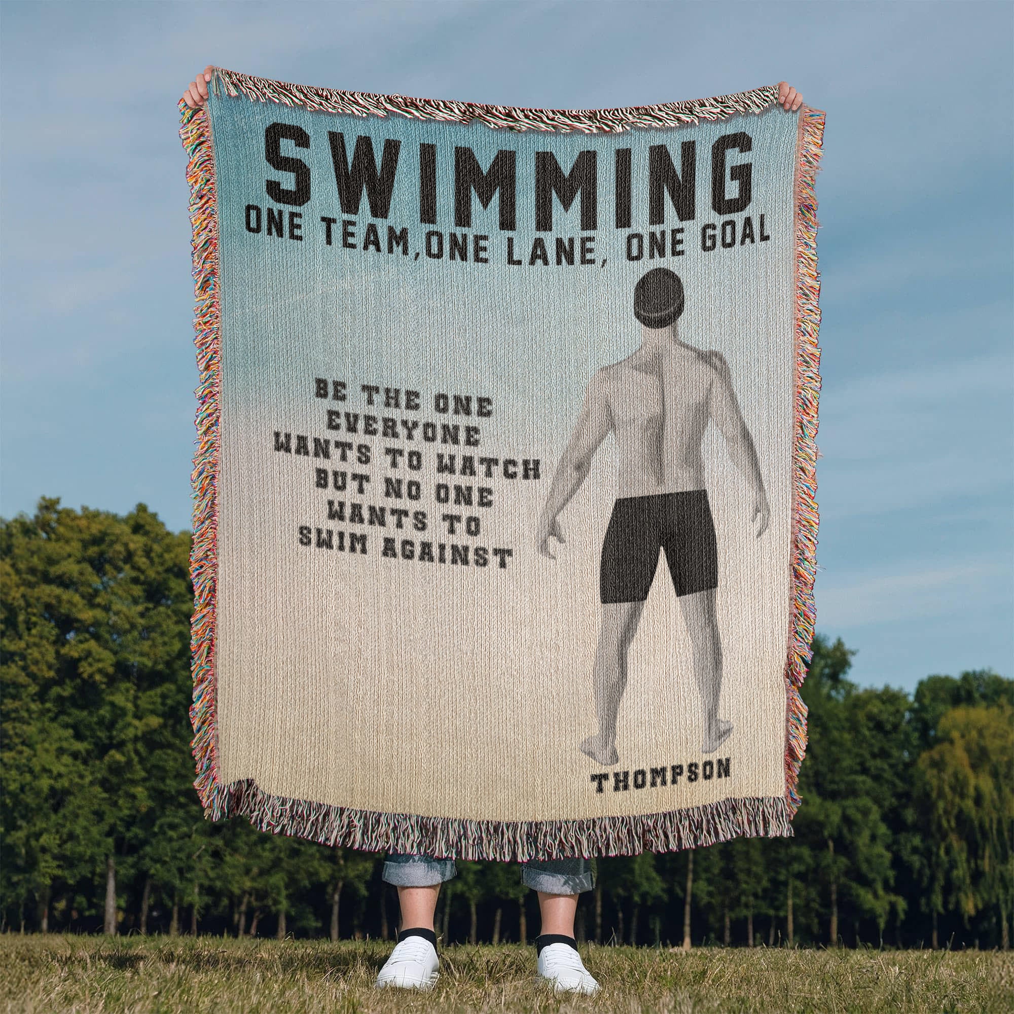 Personalized Boys Swimming Woven Blanket Custom Swimmer Gift Throw