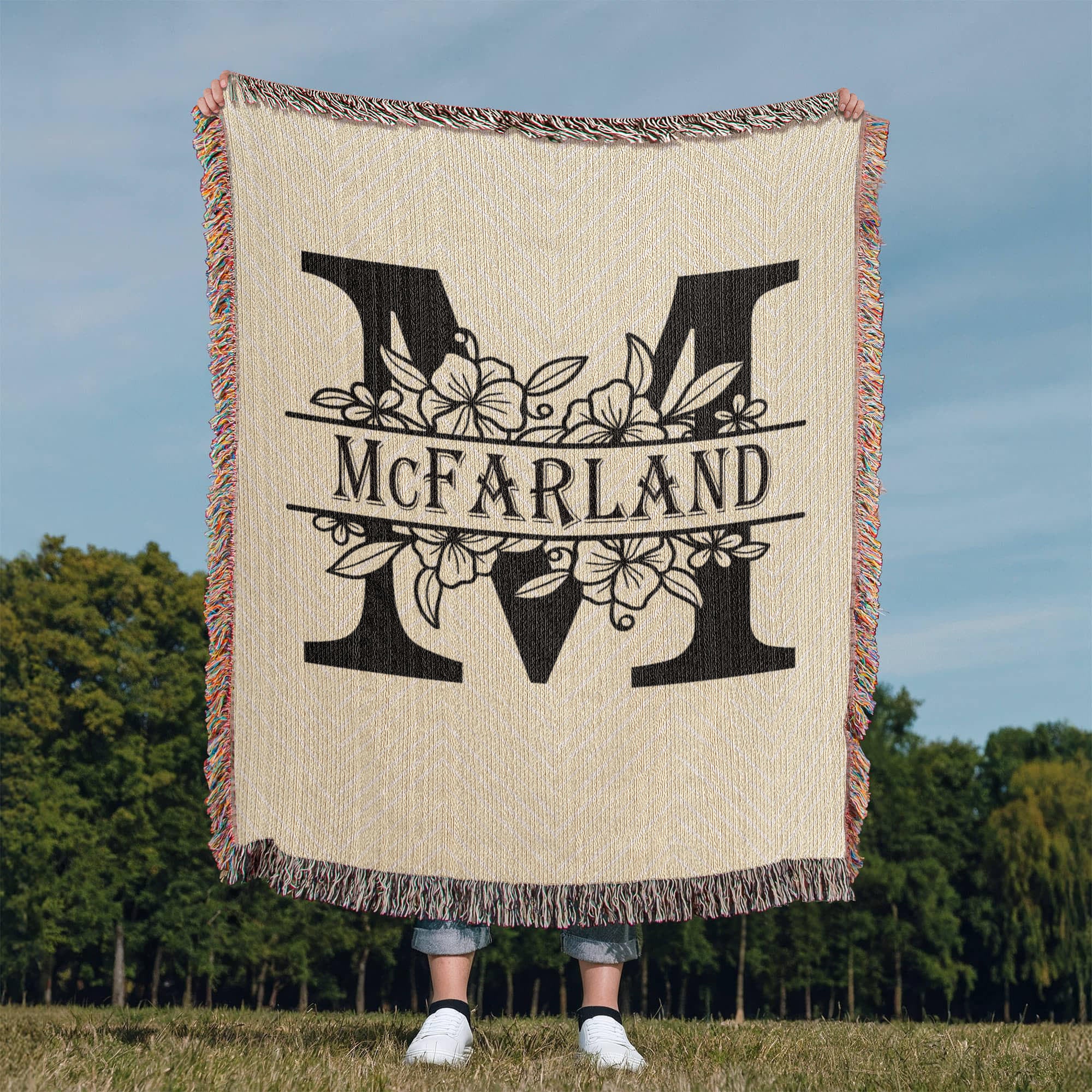 Personalized Floral Monogram Family Name Woven Blanket Throw – Custom Home Gift