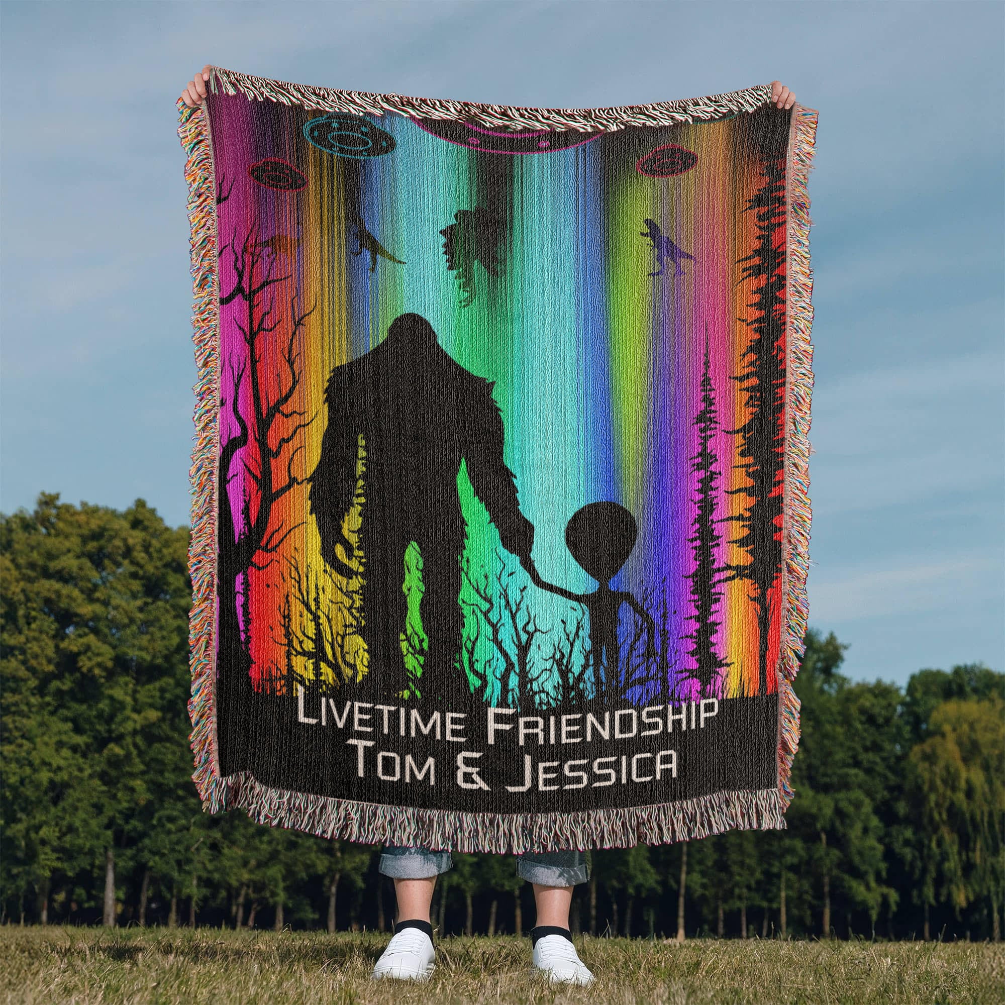 Personalized Bigfoot and Alien Friendship Woven Blanket Custom Gift Throw
