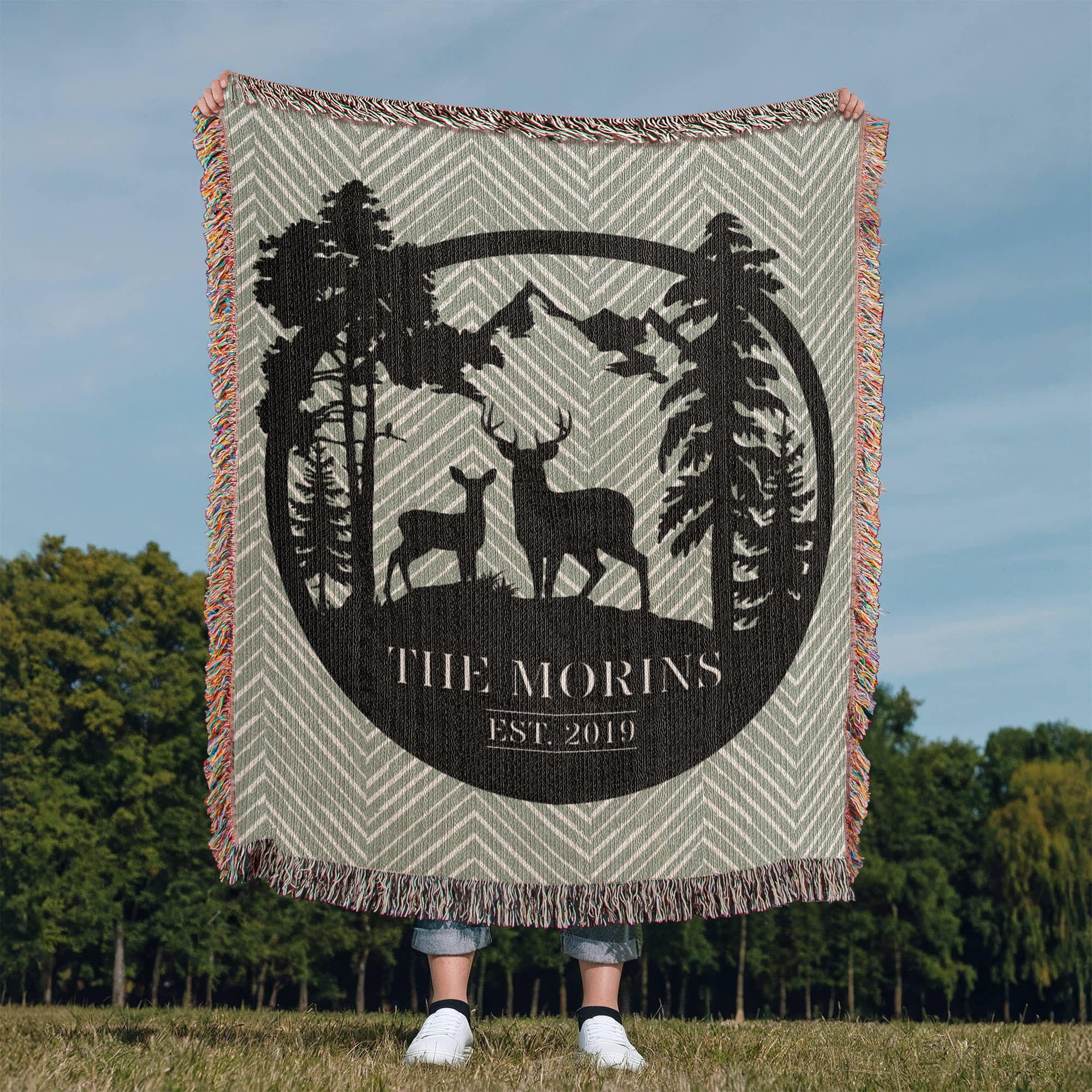 Personalized Deer Mountain Monogram Woven Blanket Throw – Custom Family Name and Year
