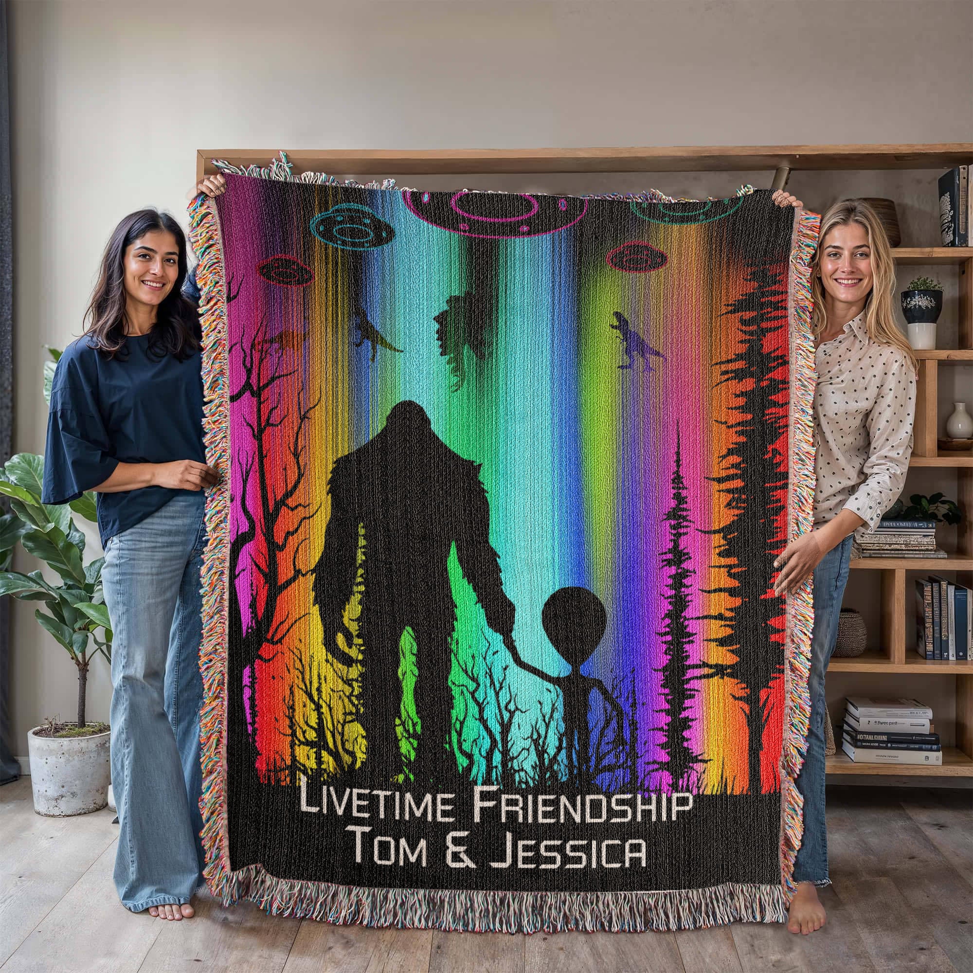 Personalized Bigfoot and Alien Friendship Woven Blanket Custom Gift Throw