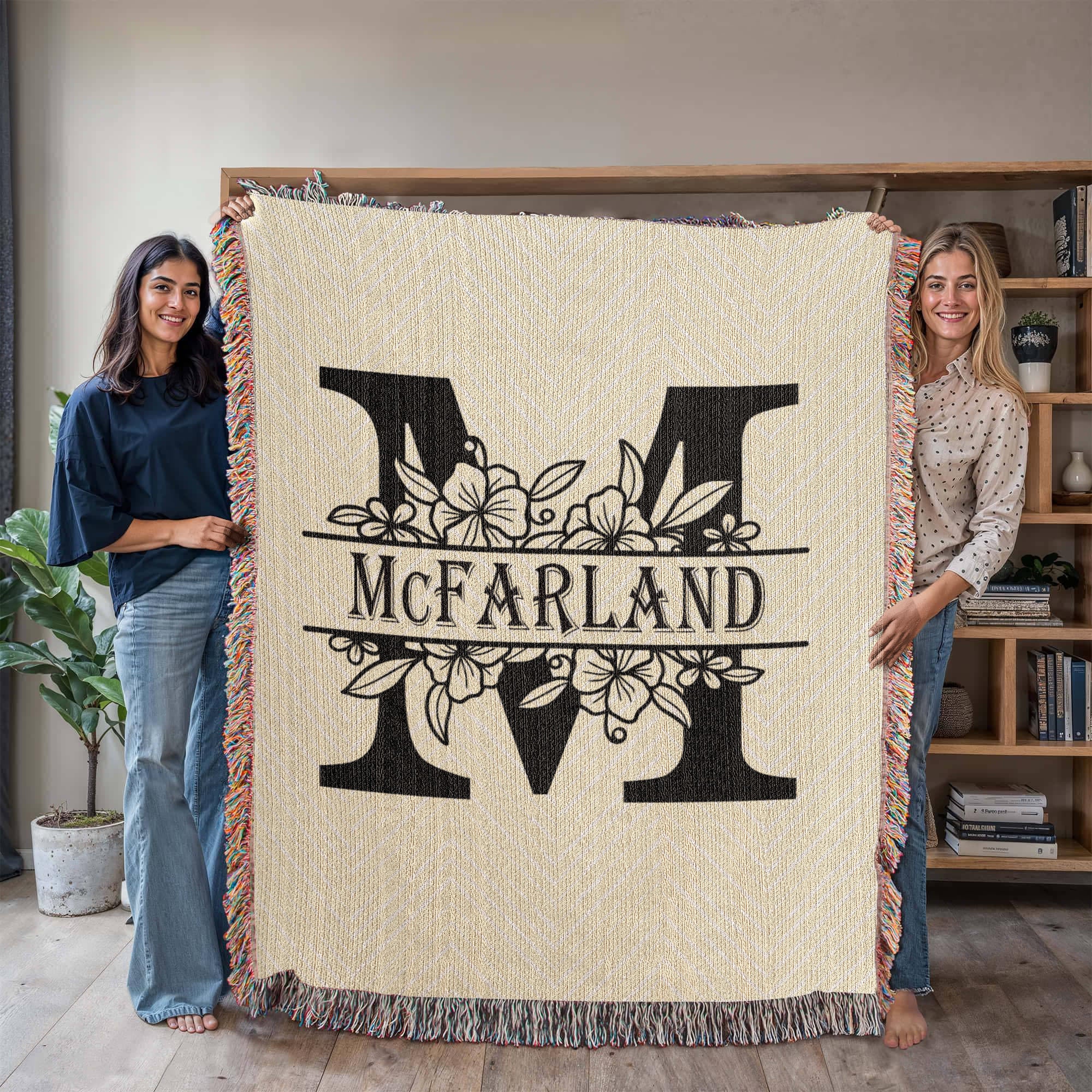 Personalized Floral Monogram Family Name Woven Blanket Throw – Custom Home Gift