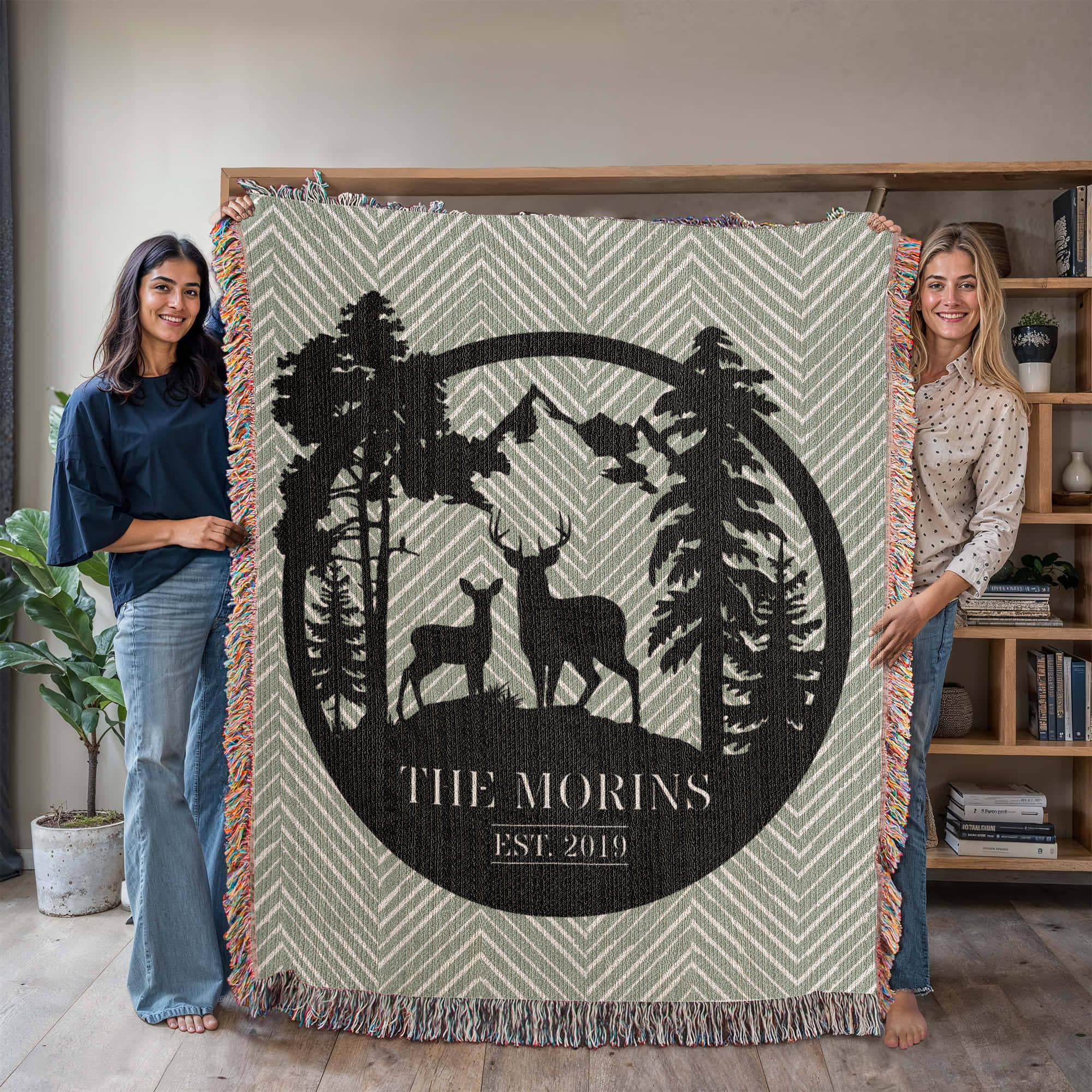 Personalized Deer Mountain Monogram Woven Blanket Throw – Custom Family Name and Year