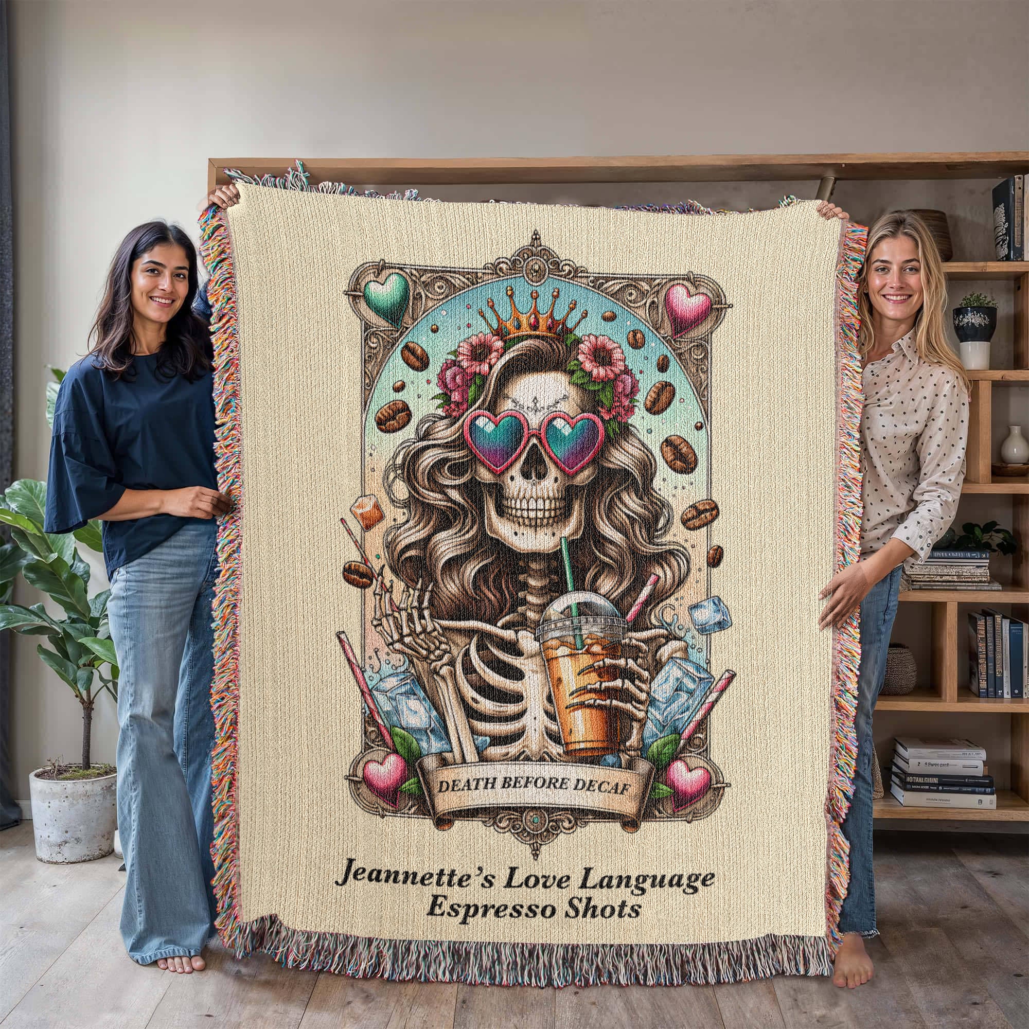 Personalized Death Before Decaf Tarot Card Woven Blanket Custom Coffee Lover Gift Throw