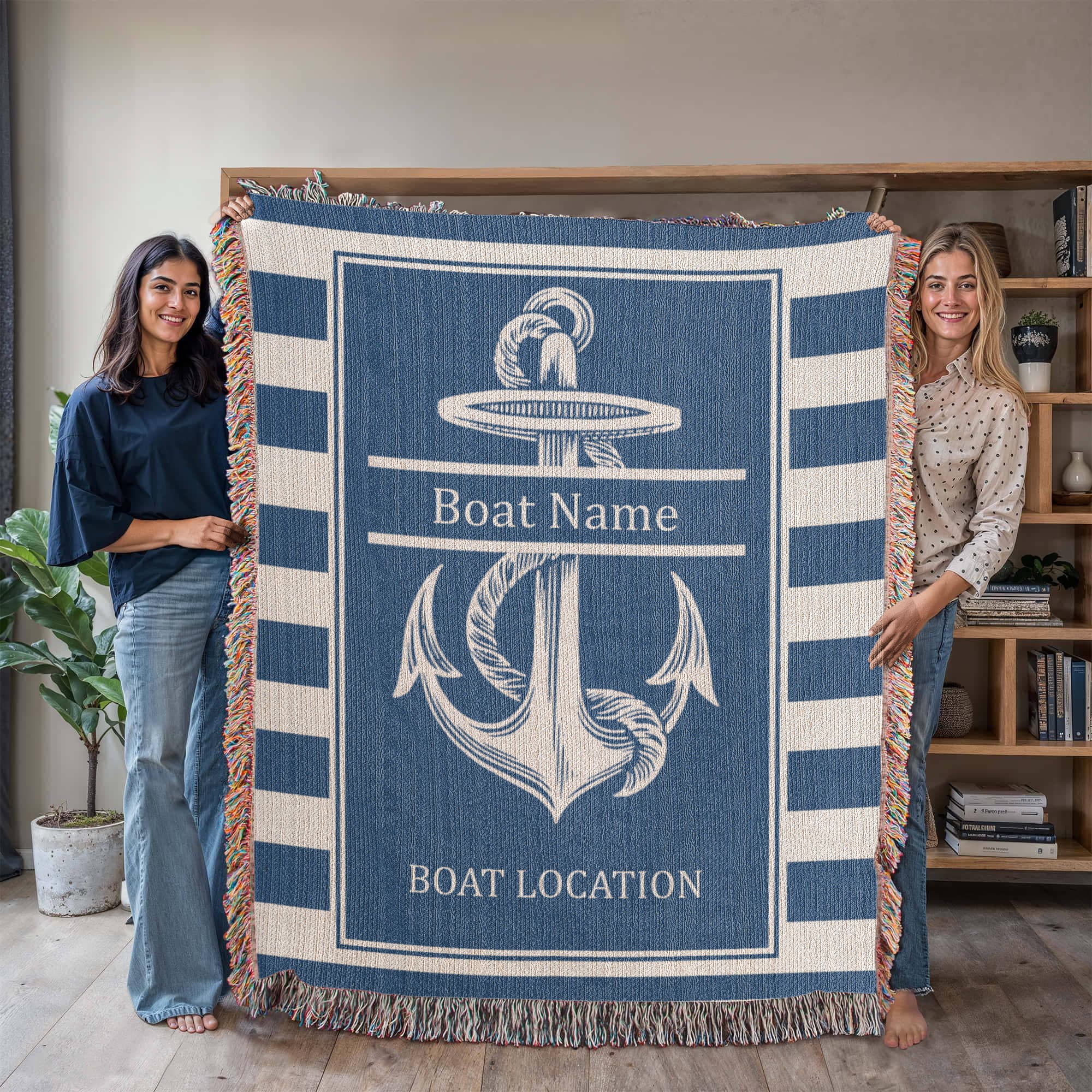 Personalized Anchor Woven Blanket  Custom Boat Name Location Throw