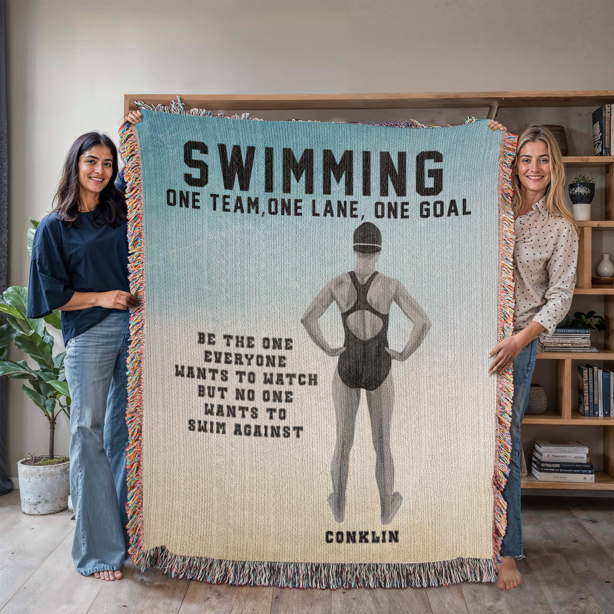 Personalized Girls Swimming Woven Blanket Custom Swimmer Gift Throw