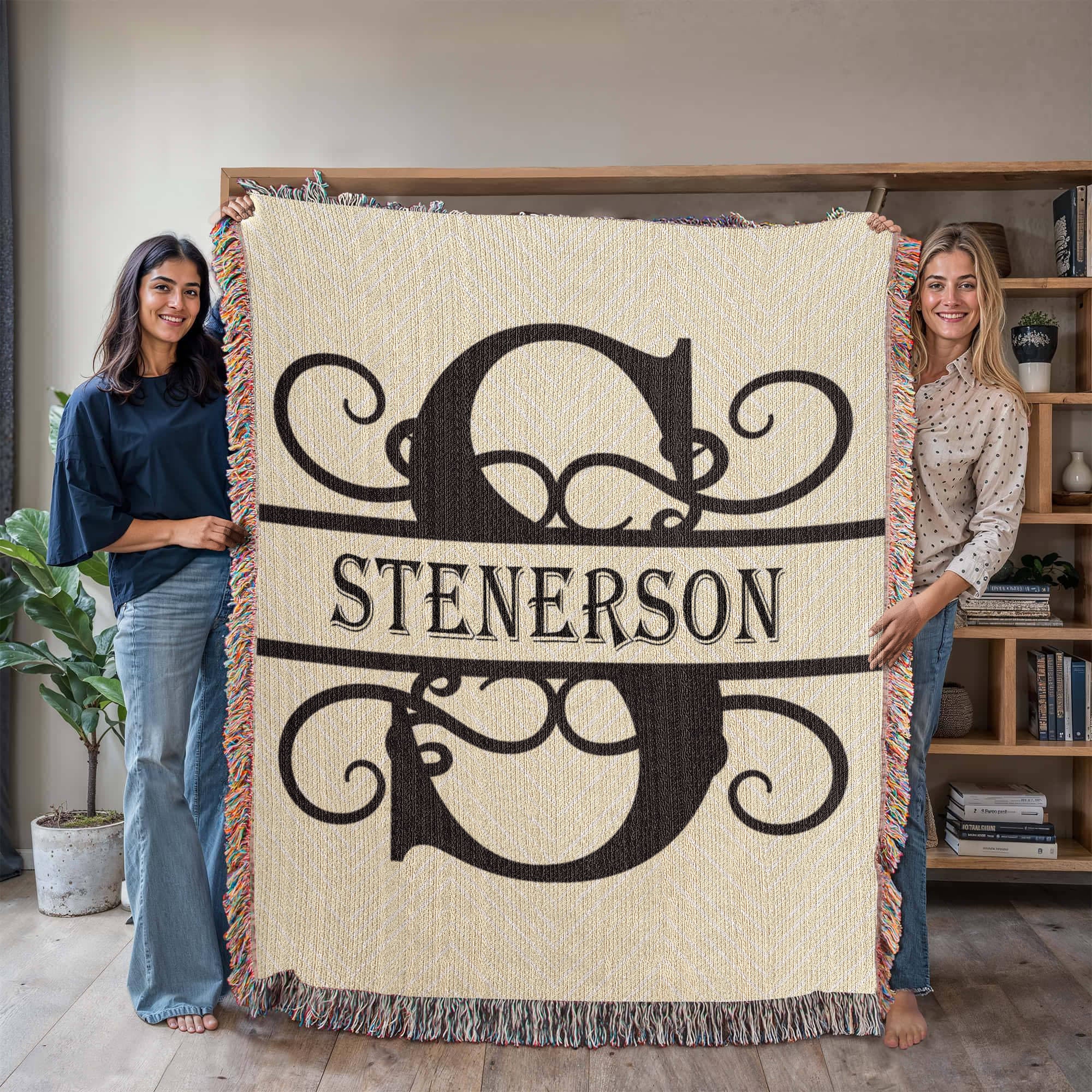 Personalized Swirled Monogram Family Name Woven Blanket Throw – Custom Home Gift