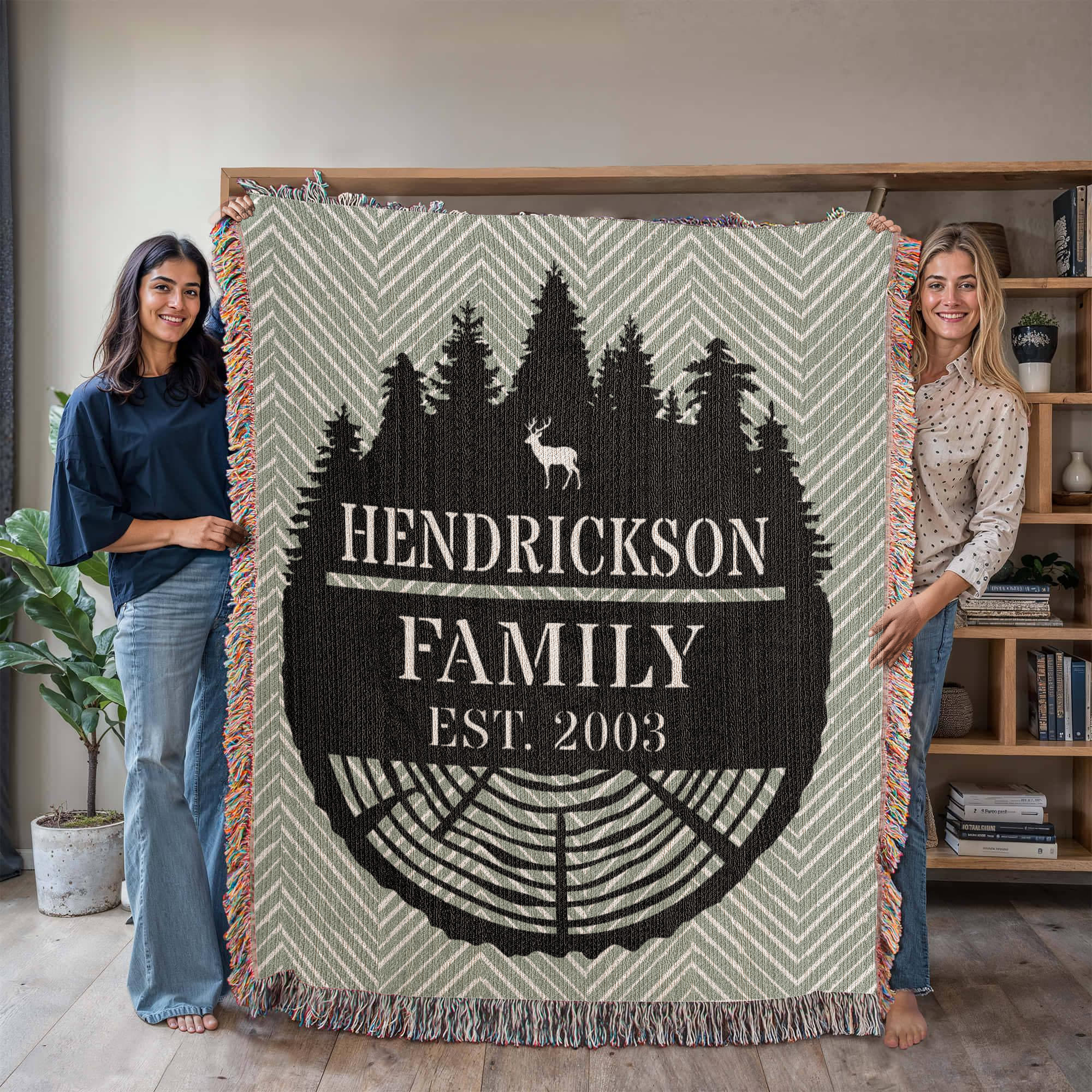 Personalized Tree Rings Family Name Monogram Woven Blanket Throw – Custom Home Gift