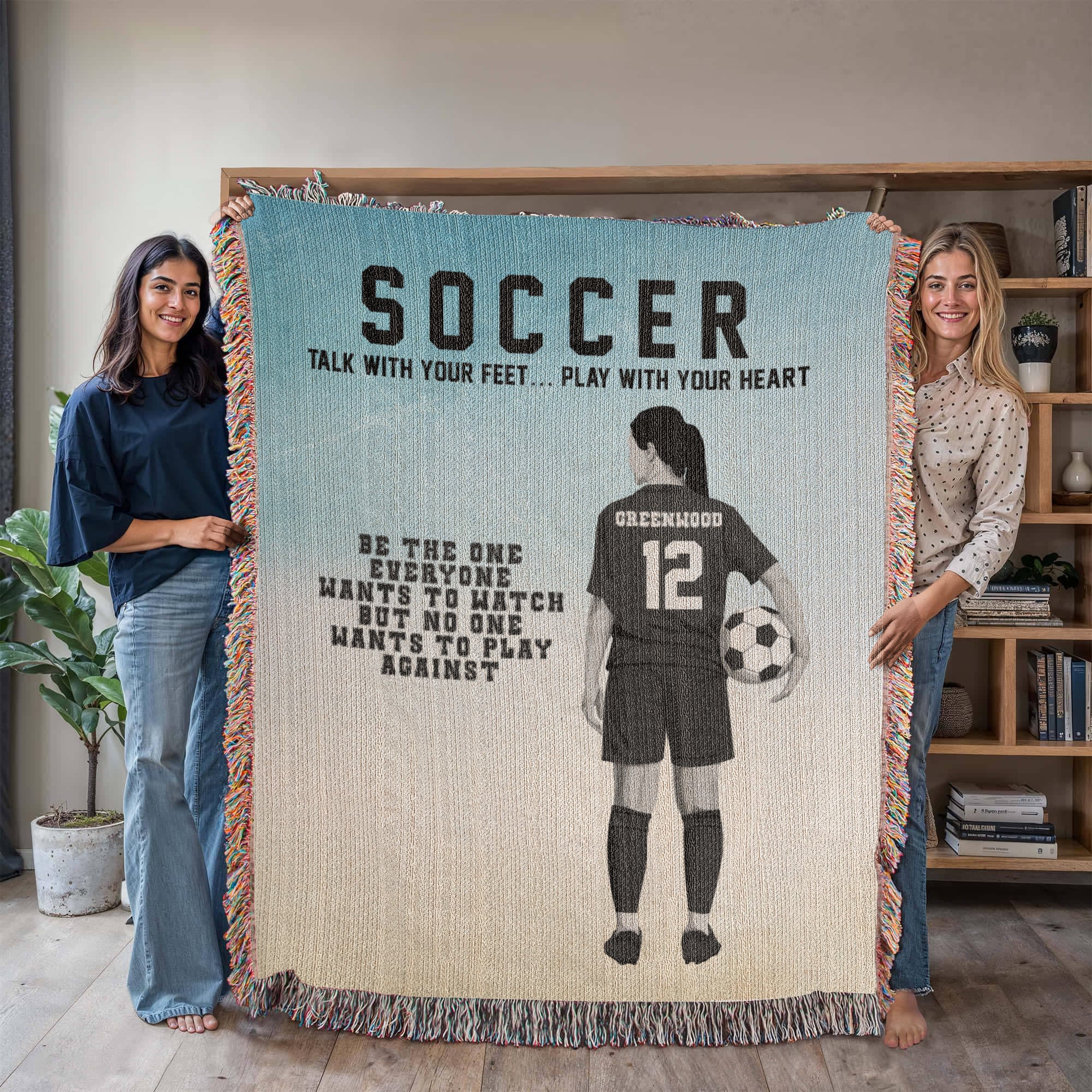 Personalized Girls Soccer Woven Blanket Custom Soccer Gift Throw