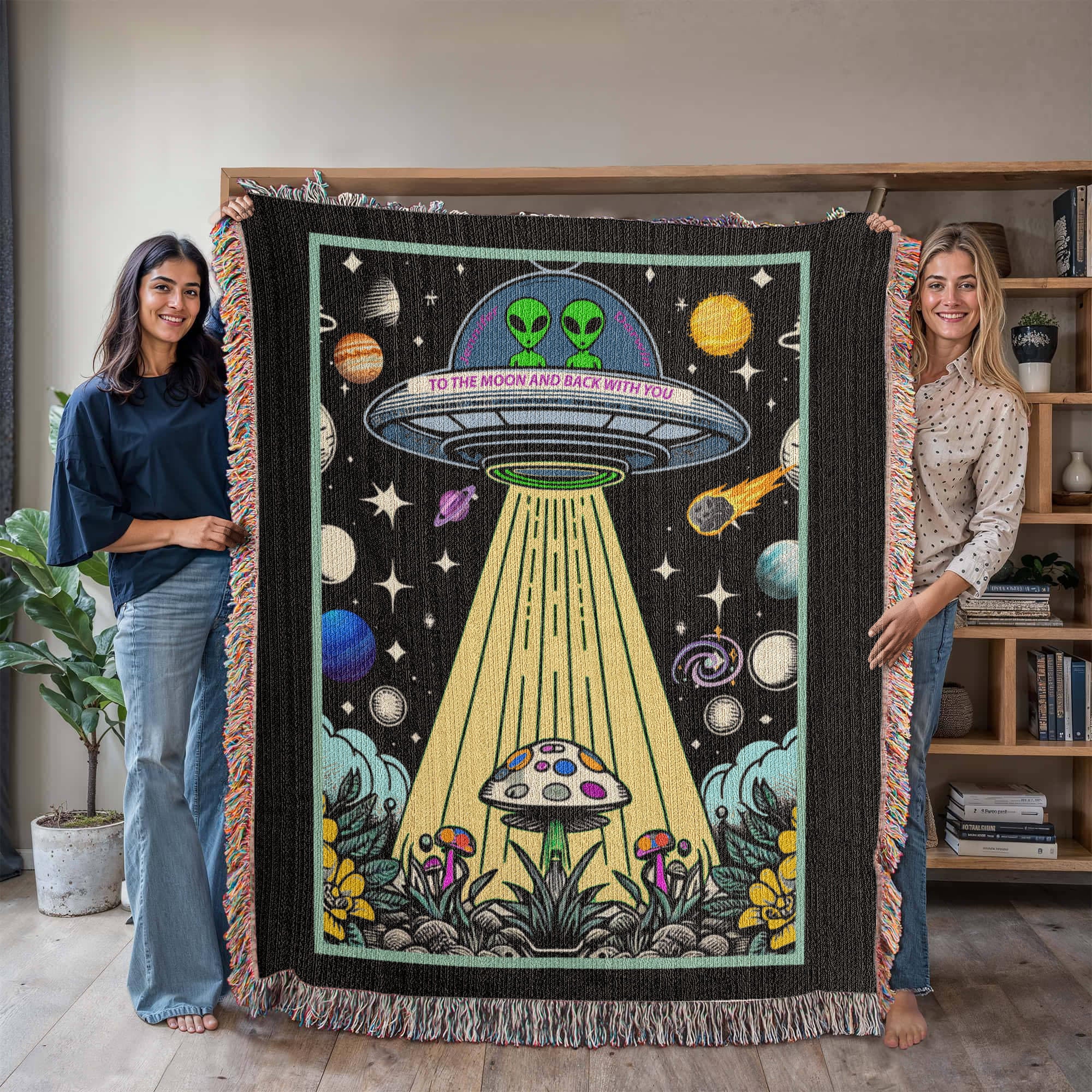 Personalized Alien Couple UFO Woven Blanket Custom Space Gift Throw