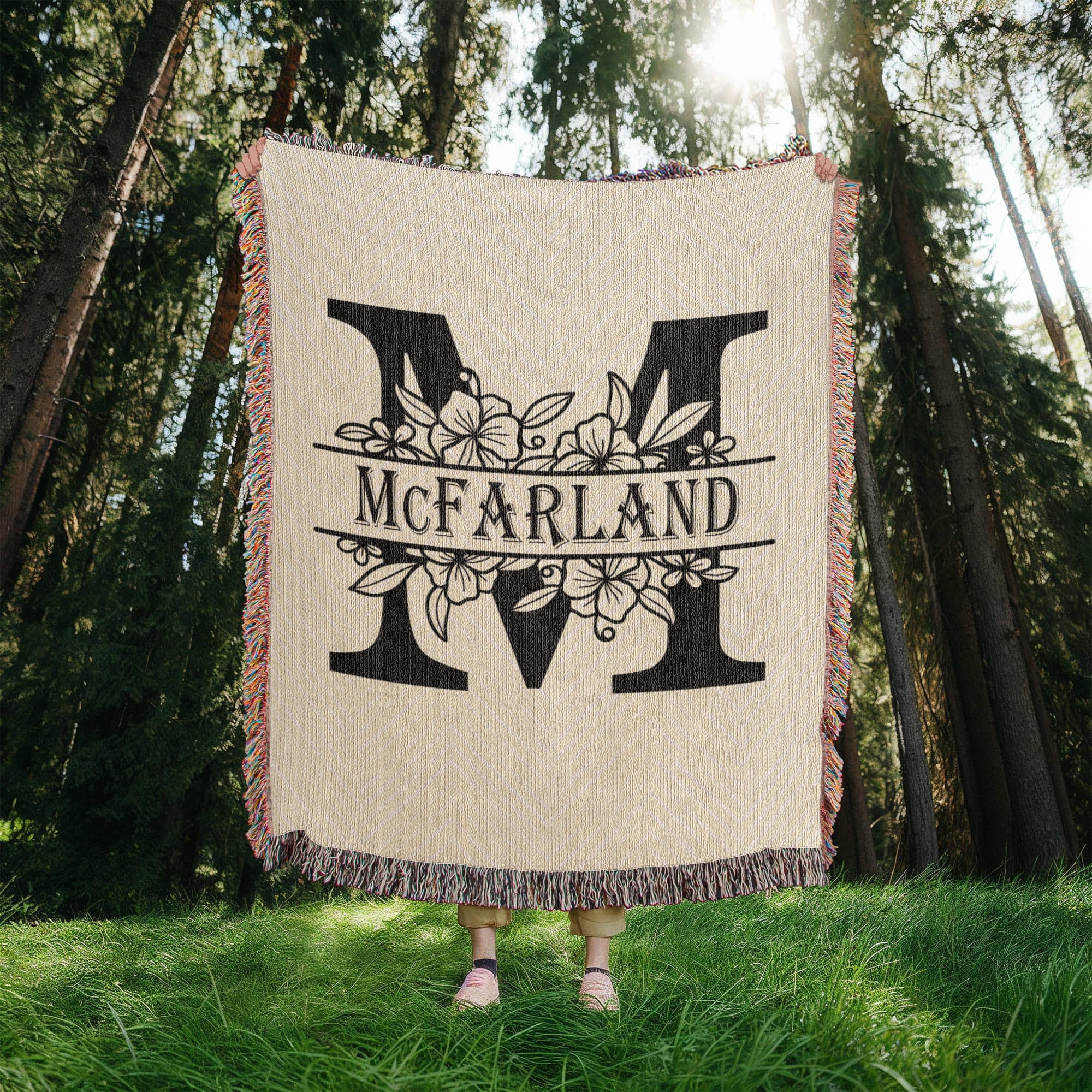 Personalized Floral Monogram Family Name Woven Blanket Throw – Custom Home Gift