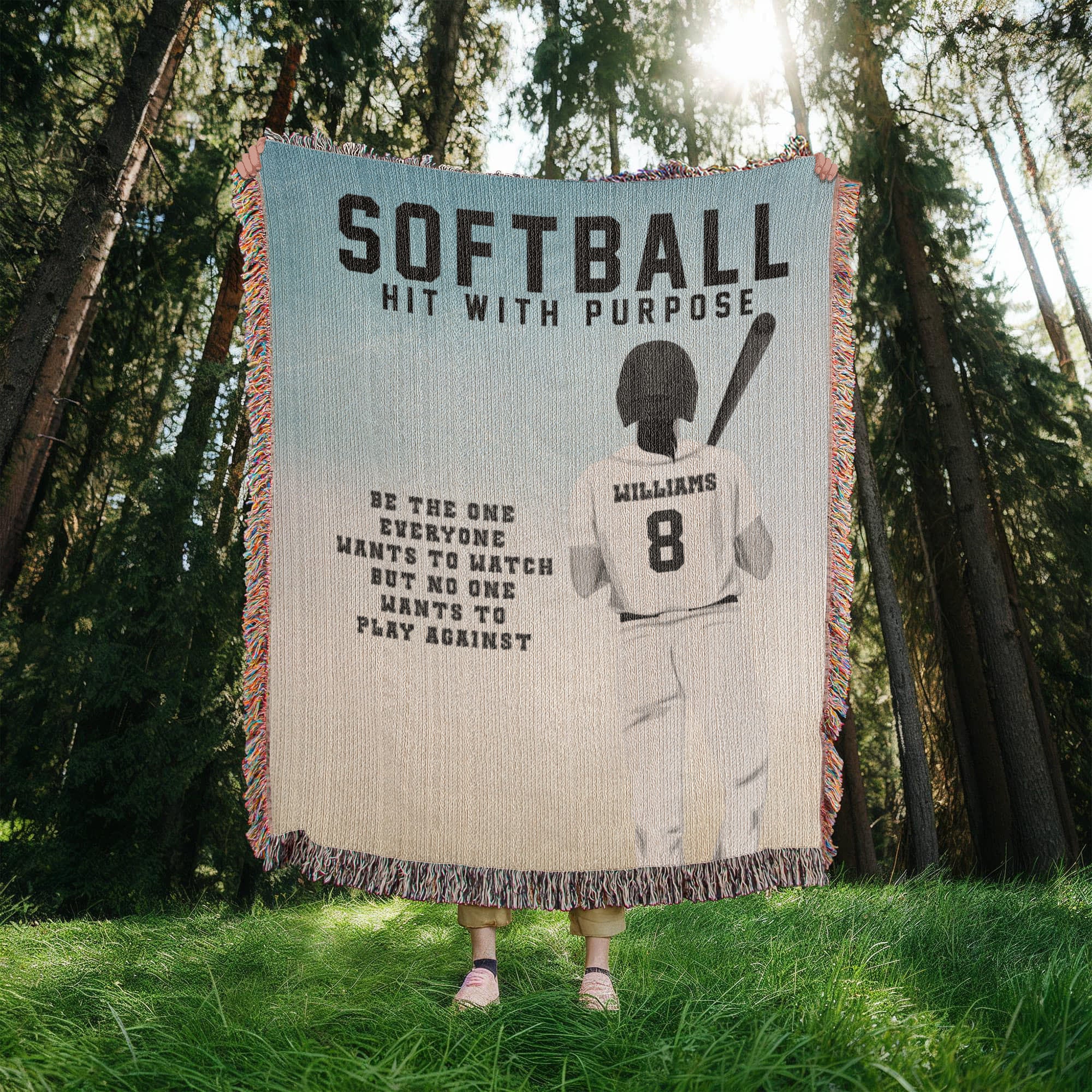 Personalized Girls Softball Woven Blanket Custom Softball Gift Throw