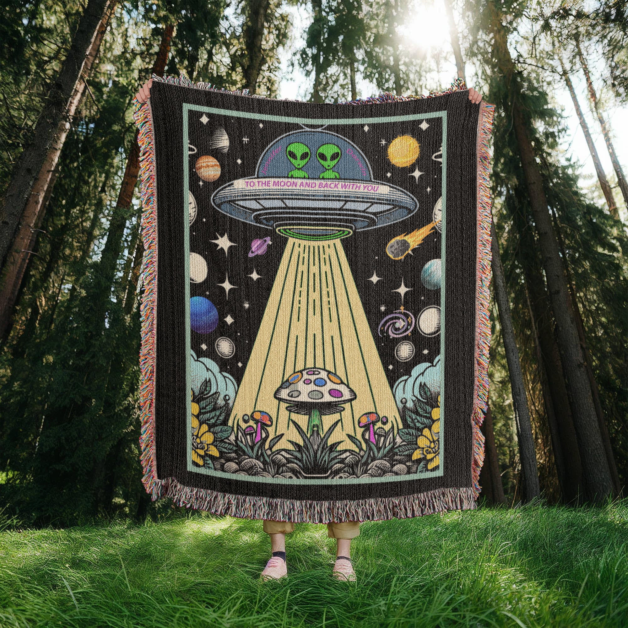 Personalized Alien Couple UFO Woven Blanket Custom Space Gift Throw