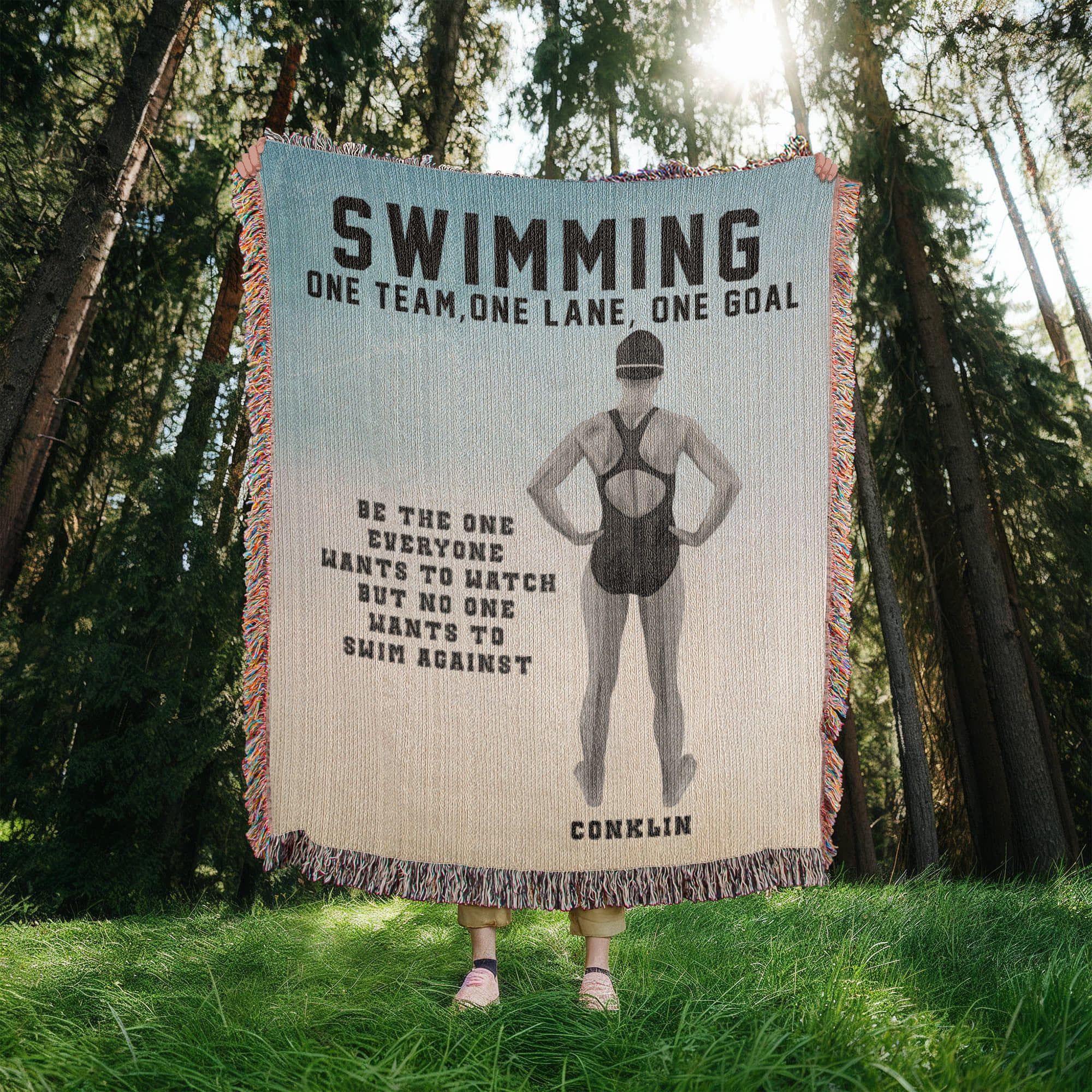 Personalized Girls Swimming Woven Blanket Custom Swimmer Gift Throw