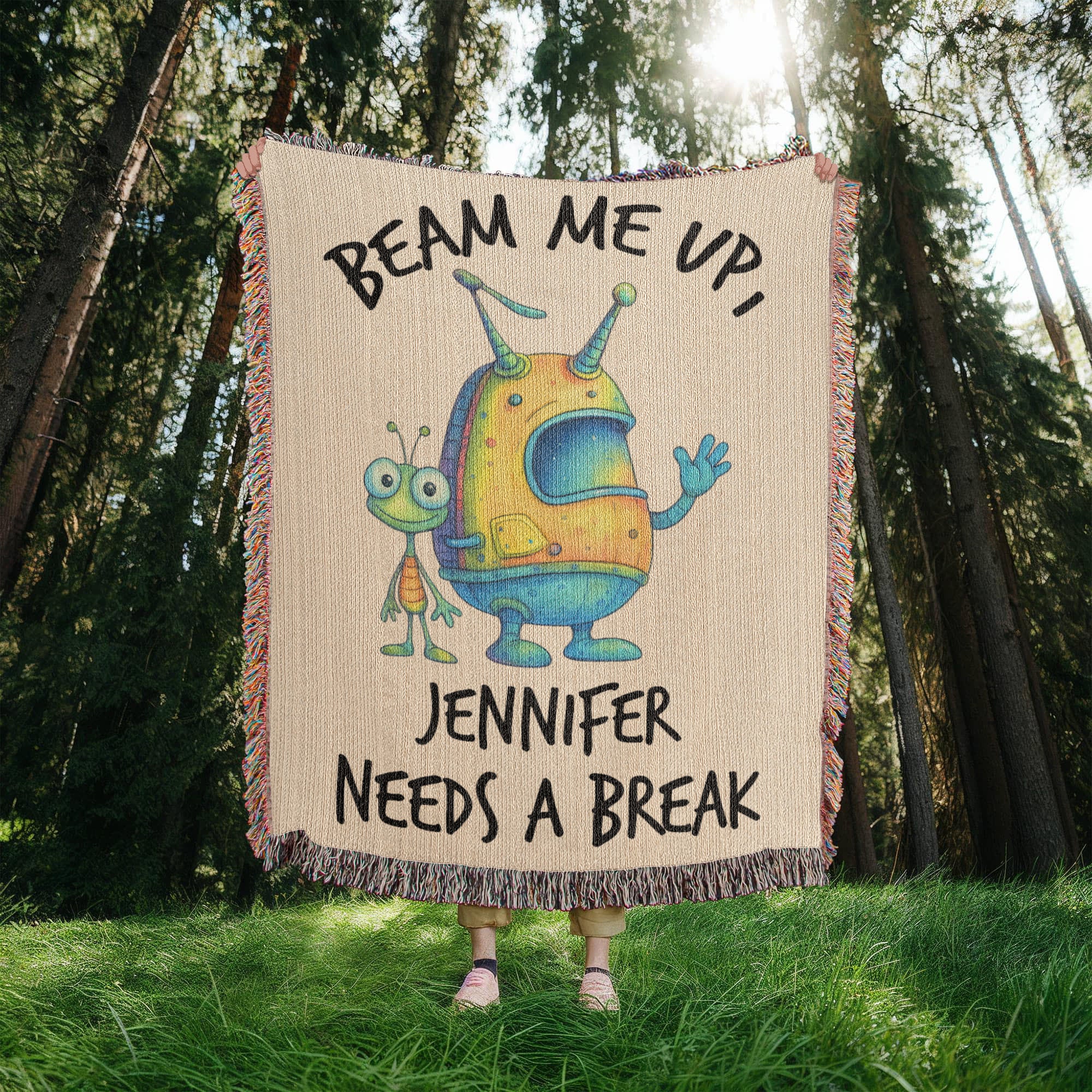 Personalized Alien “Beam Me Up” Woven Blanket Custom Funny Gift Throw